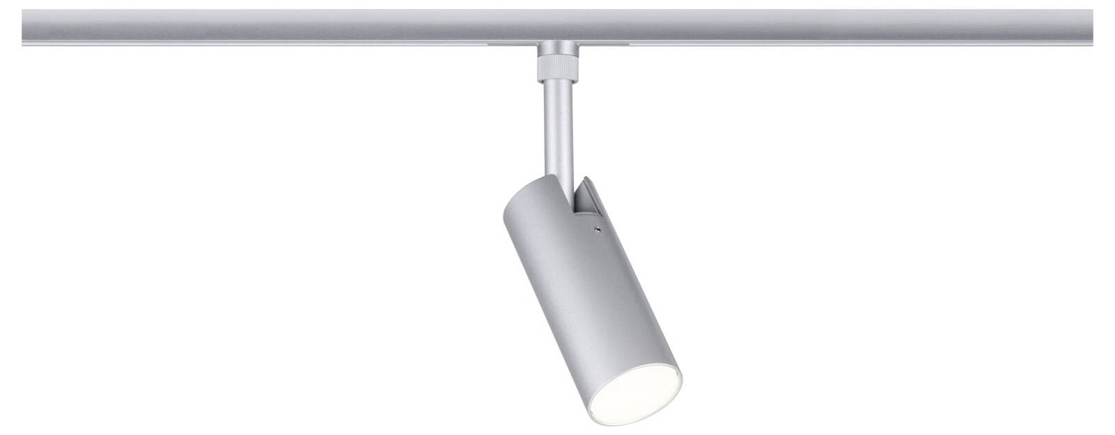 Verstellbarer, an der Decke montierter Spot angewinkelt nach unten auf einer Schienenbahn.