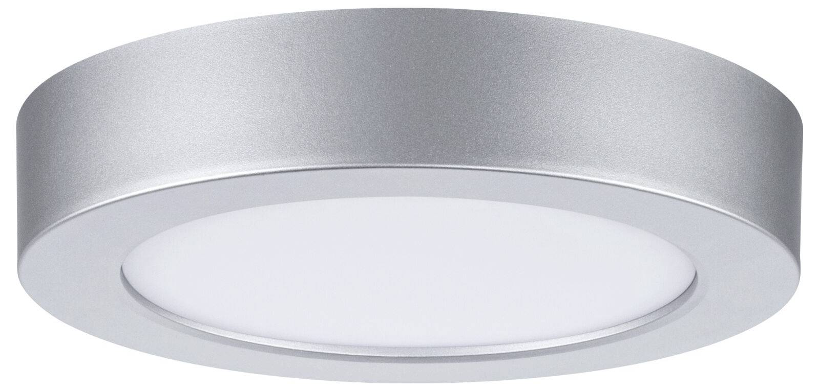 Runde verchromte LED-Deckenleuchte mit weißem Diffusor-Panel.