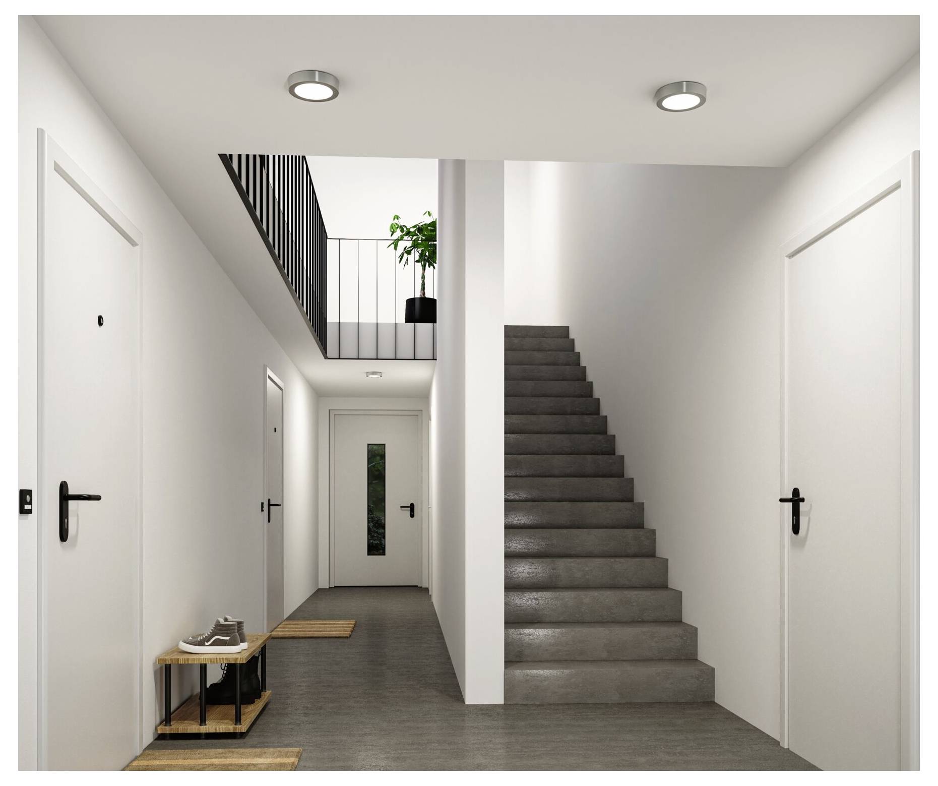 Minimalistischer Eingangsflur mit weißen Türen, grauem Boden, zentraler Treppe und kleiner Bank; Balkon und Pflanze oben sichtbar.