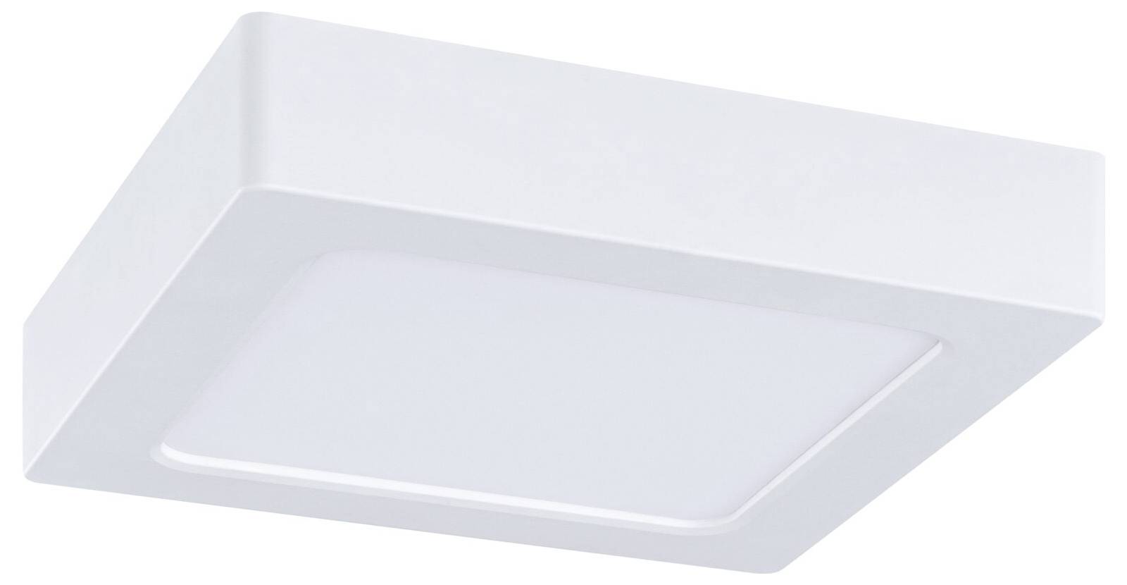 Weiße quadratische, bündig an der Decke montierte Leuchte mit einem mattierten mittleren Panel auf weißem Hintergrund.