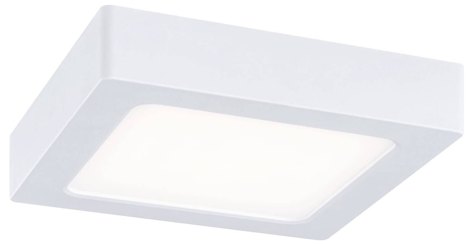 Moderne quadratische Deckenleuchte mit mattiertem zentralem Diffusor und weißem Rahmen auf neutralem Hintergrund.