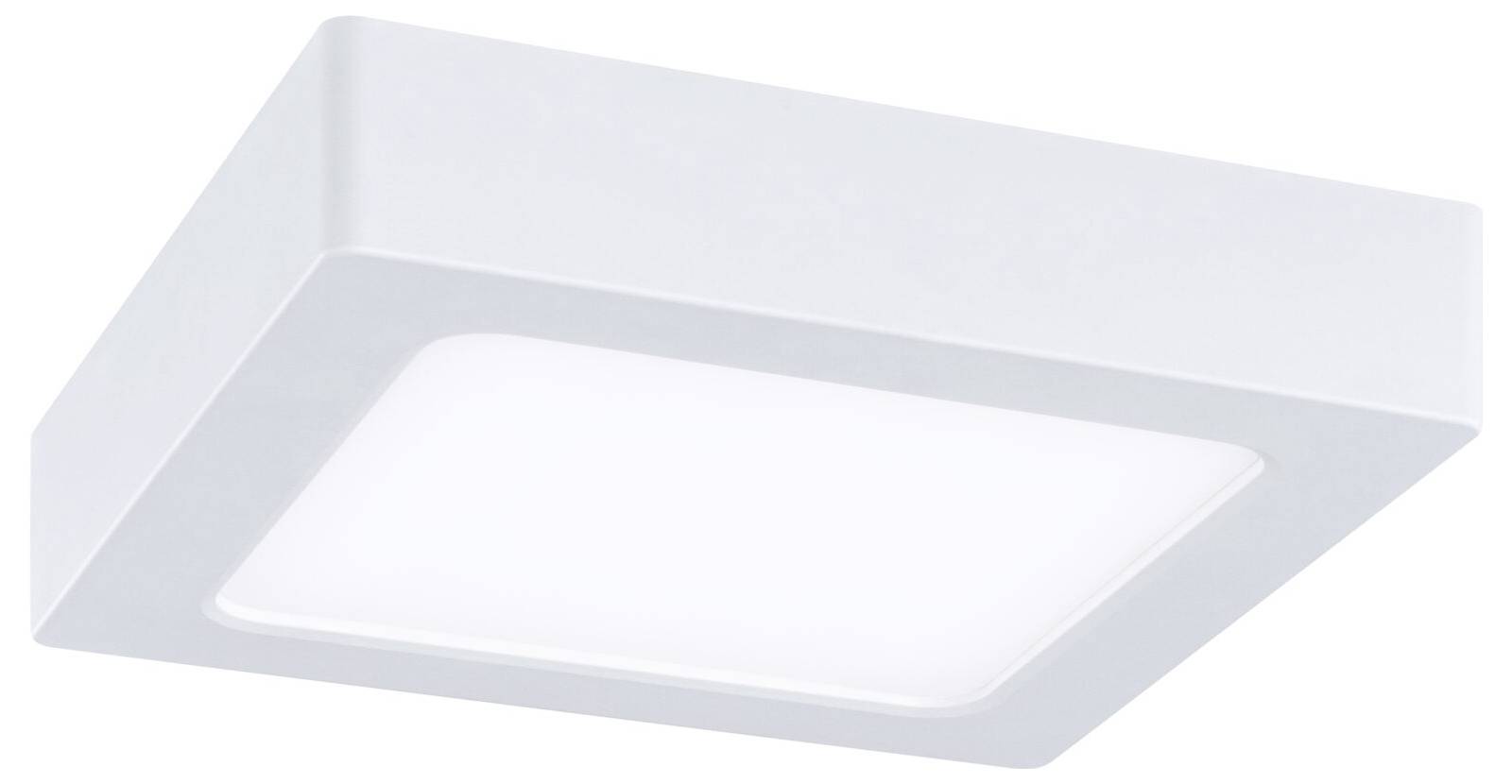 Modernes quadratisches weißes bündiges Deckenleuchten-Leuchtenelement mit mattiertem Diffusor auf weißem Hintergrund.