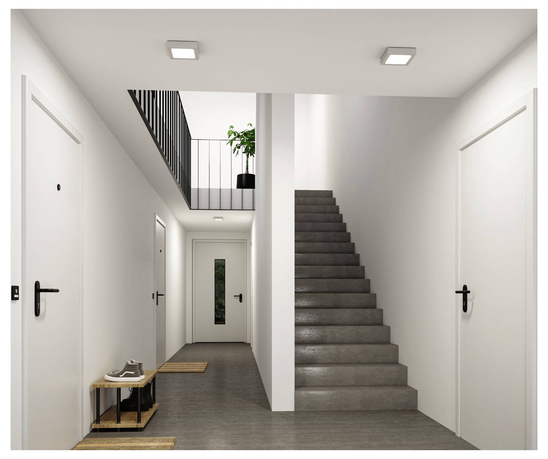 Heller moderner Flur mit weißen Wänden, mehreren Türen, einer Treppe auf der rechten Seite und einer kleinen Schuhbank in der Nähe des Eingangs.