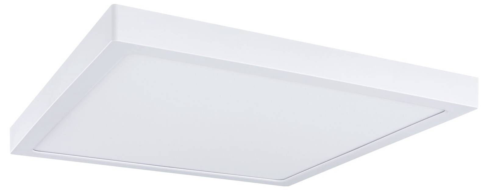 Weiße quadratische Deckenleuchte mit schlankem, bündigen Paneeldesign auf neutralem Hintergrund.