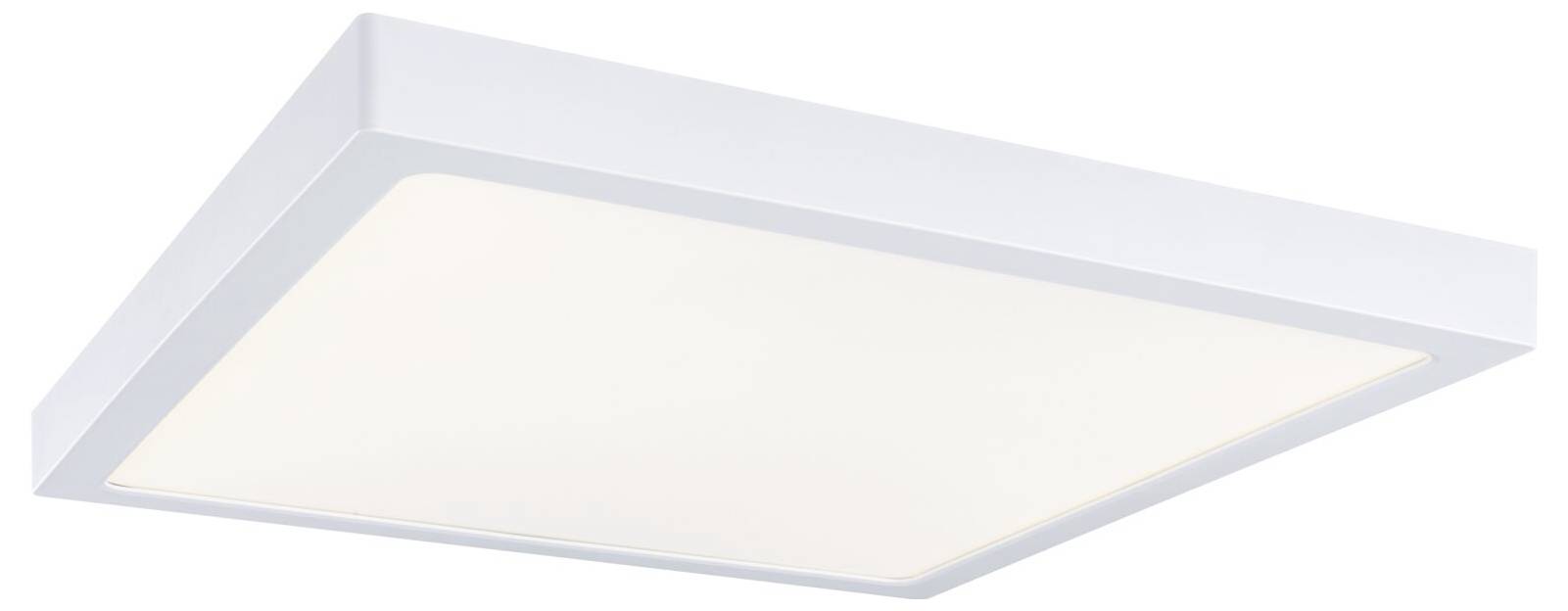 Modernes rechteckiges Deckenleuchten-Fixture mit mattweißem Diffusor und weißem Rahmen, von unten in einem Winkel betrachtet.