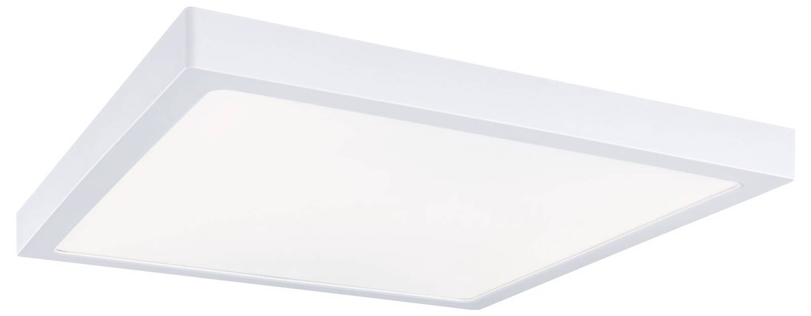 Modernes rechteckiges LED-Deckenleuchten-Panel mit weißem Rahmen und mattem Diffusor, im Winkel auf einfarbigem Hintergrund dargestellt.