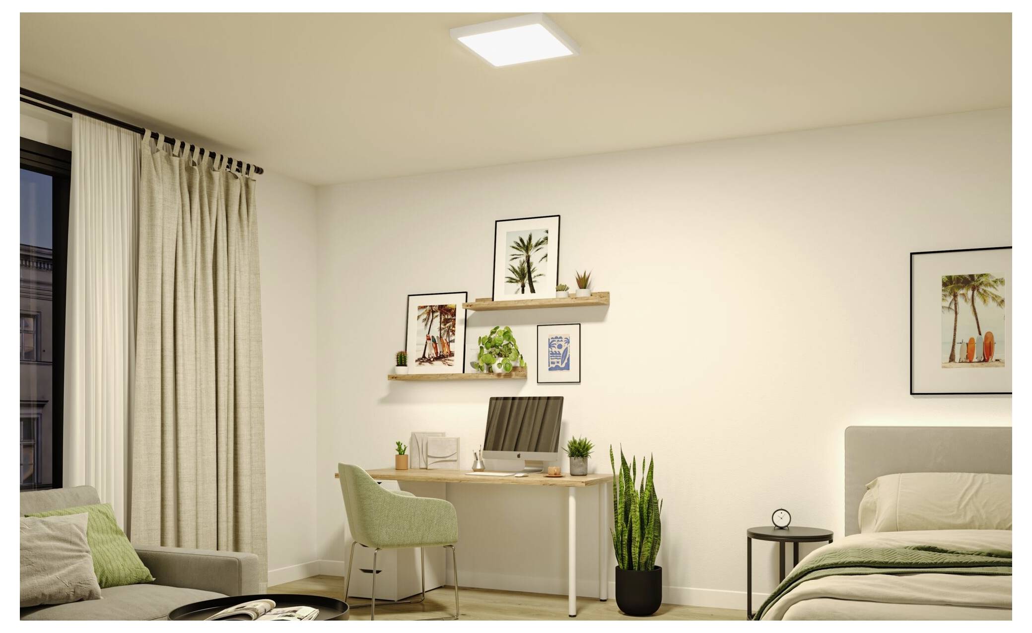 Minimalistisches Schlafzimmer mit einem Schreibtisch und Stuhl, einer Topfpflanze, Wandregalen, einem Bett und einem mit Vorhängen bedeckten Fenster, beleuchtet durch eine Deckenleuchte.