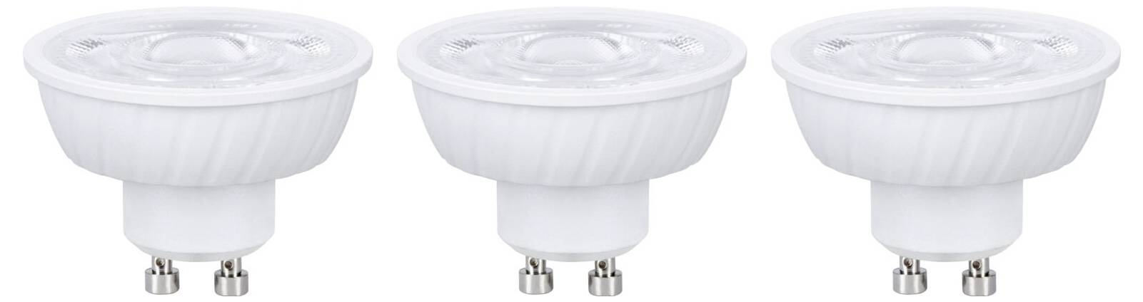 Drei kompakte LED-Spotlightlampen mit zweipoligem Sockel, nebeneinander auf weißem Hintergrund dargestellt.