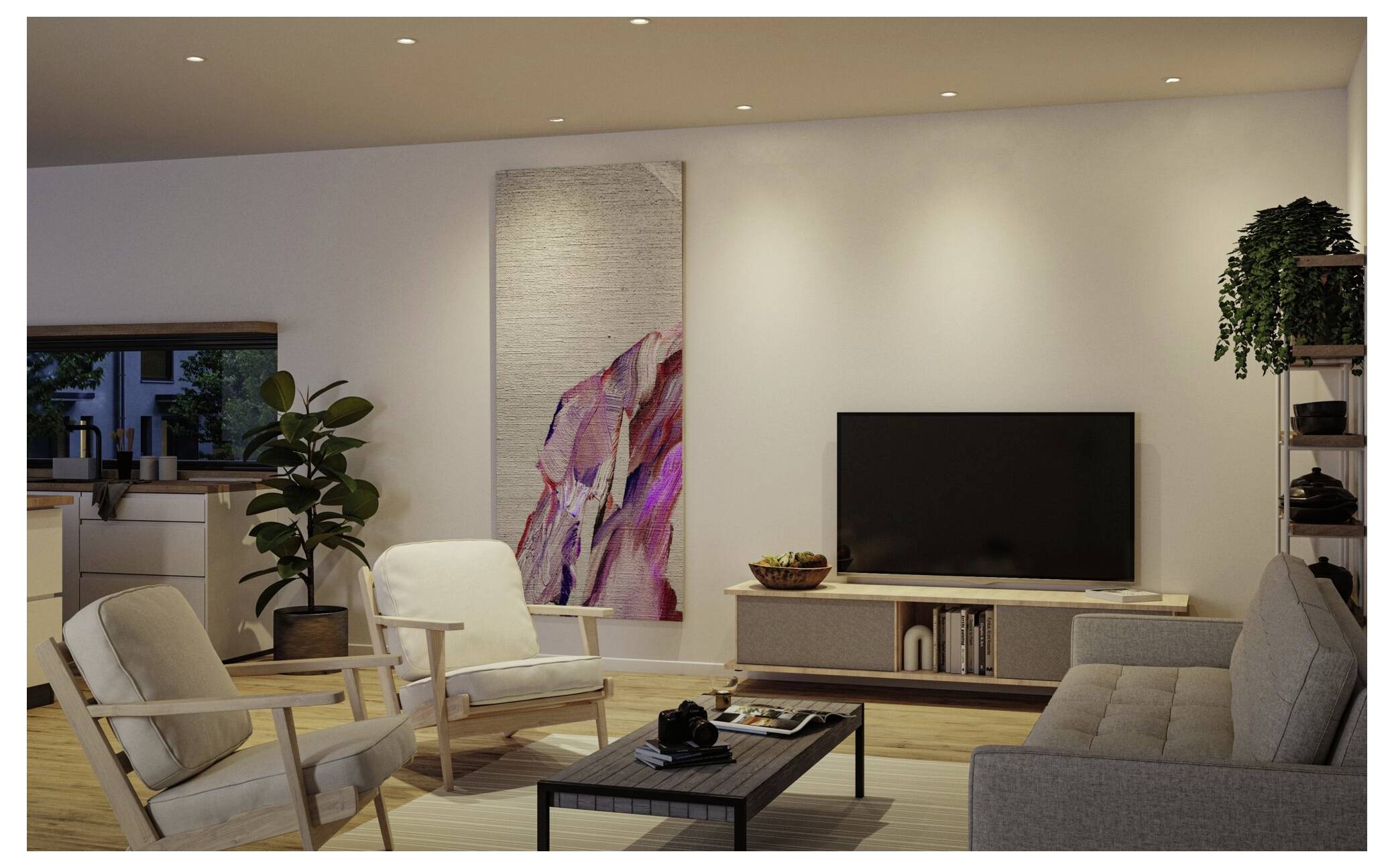 Modernes Wohnzimmer mit zwei Stühlen, Sofa, Couchtisch, Fernsehständer und Wandkunst in warmer, eingelassener Beleuchtung.