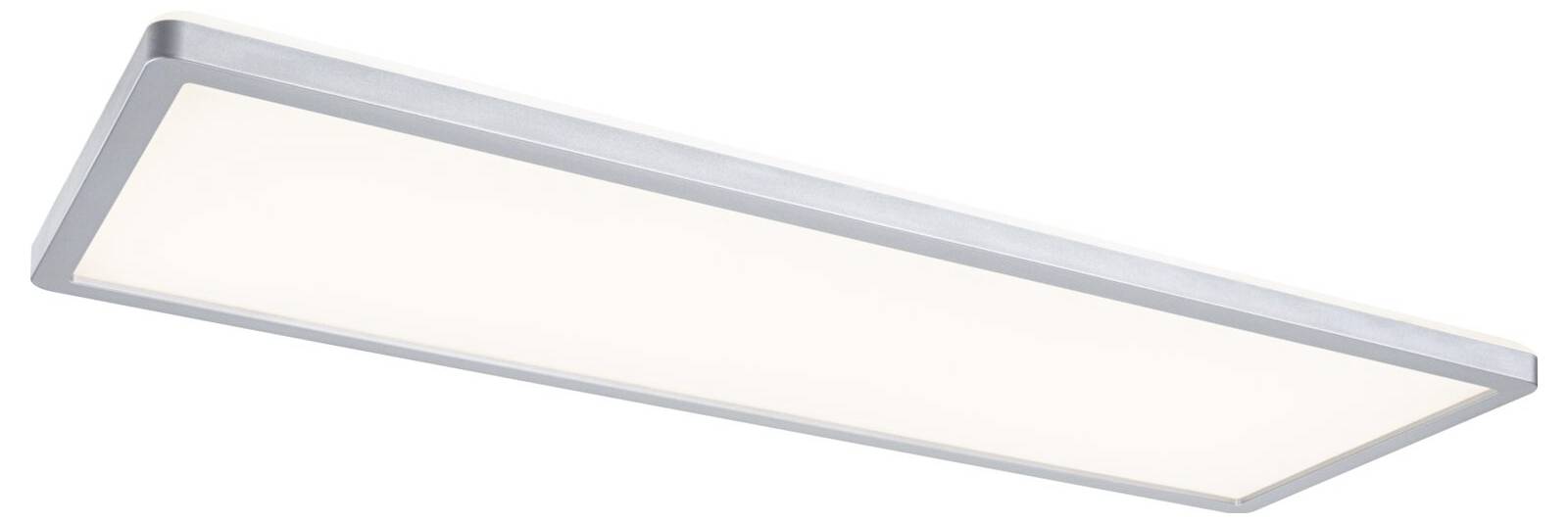 Rechteckiges LED-Deckenflächenlicht in Weiß mit silbernem Rahmen, in schräger Ansicht vor weißem Hintergrund dargestellt.