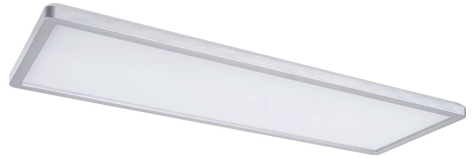 Rechteckiges LED-Deckeneinbauleuchten-Panel mit weißem Diffusor und silbernem Rahmen.