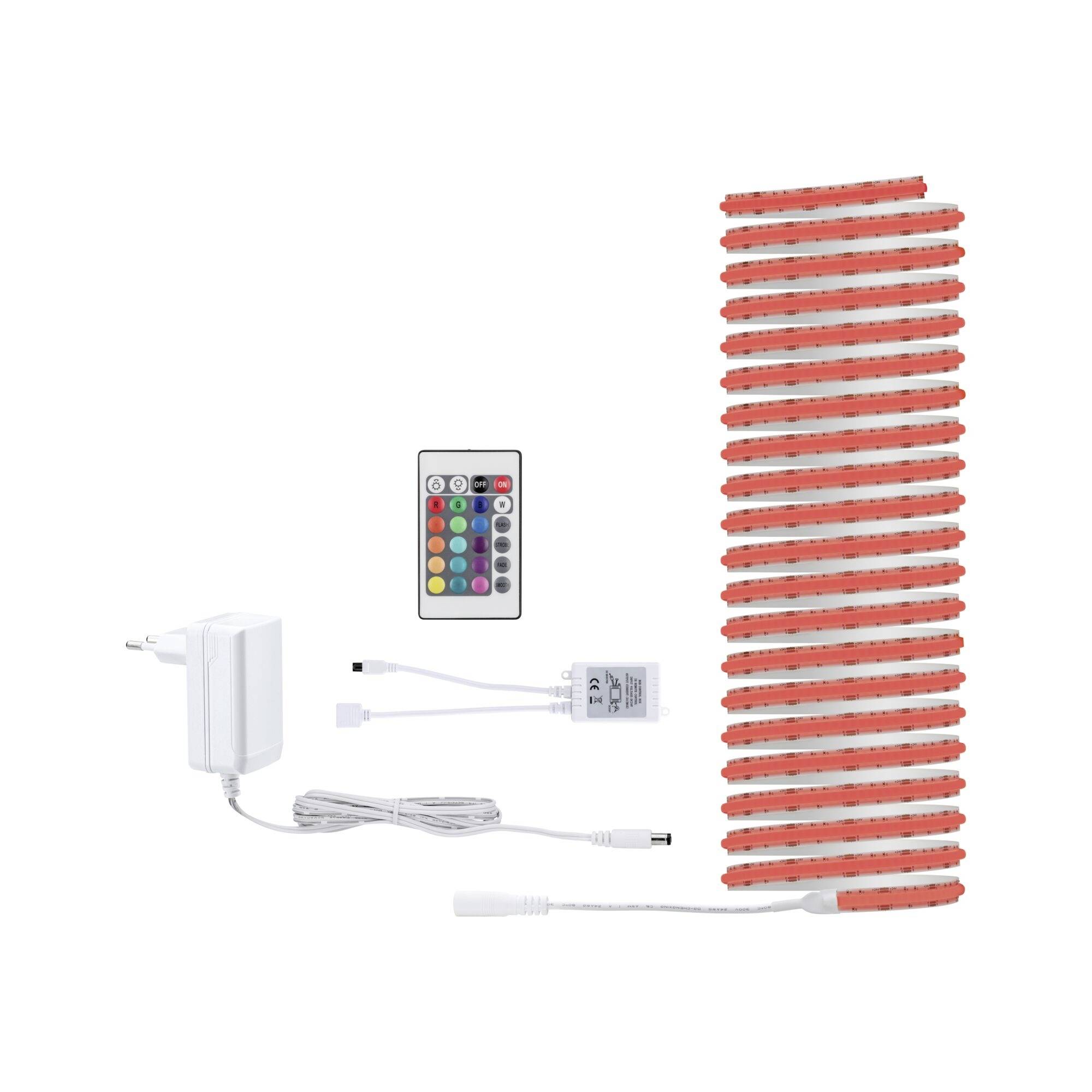LED-Streifenlicht-Kit mit Netzteil, Fernbedienung und Steckverbindern; langer roter Lichtstreifen auf der rechten Seite aufgewickelt dargestellt.