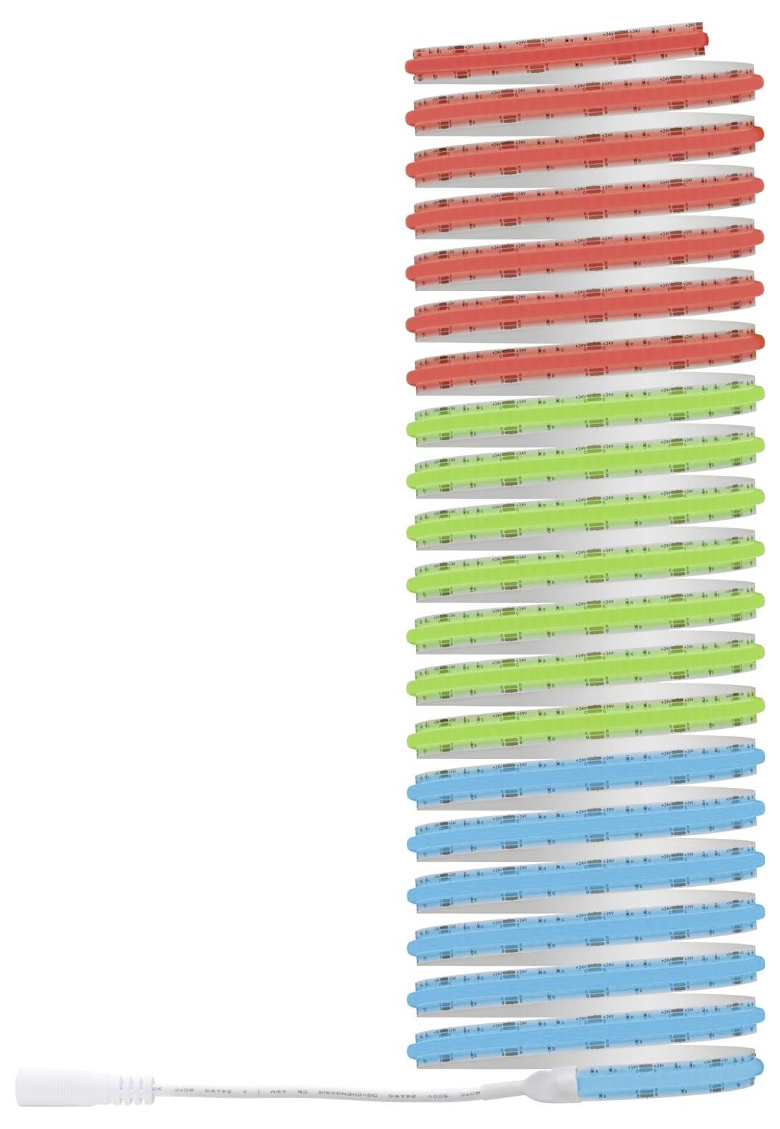 Farbcodierte gestapelte Kunststoffröhren oder Clips, die vertikal in drei Abschnitten angeordnet sind: rot oben, grün in der Mitte und blau unten.