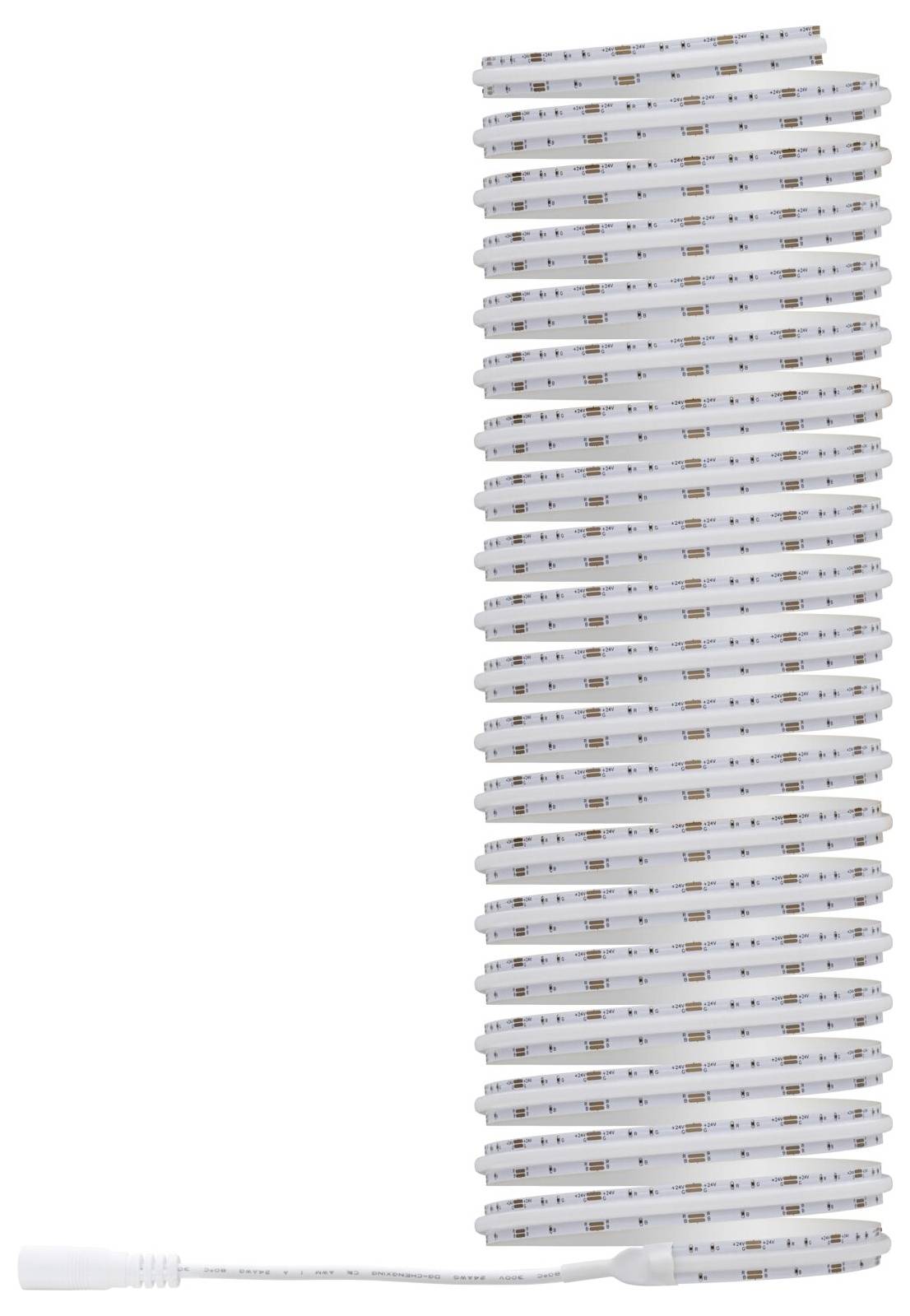 Weiße LED-Streifenleuchte in einen hohen vertikalen Stapel aufgewickelt, mit weißem Stromkabel und Stecker am unteren Ende.