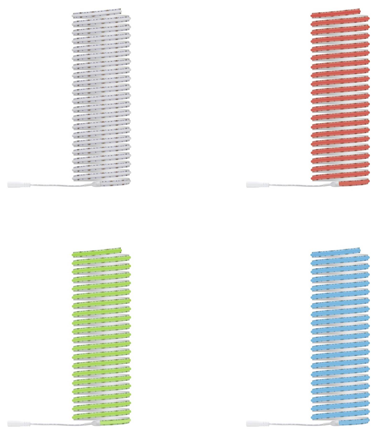 Vier vertikale Stapel von dünnen LED-Streifenlichtern in Weiß, Rot, Grün und Blau, jeweils mit einem kleinen Verbindungskabel an der Basis.