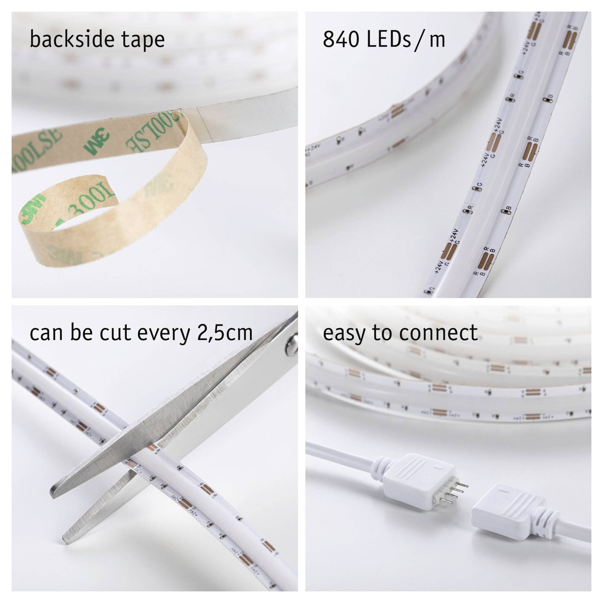Infografik der LED-Streifenfunktionen: Rückseite mit Klebeband, 840 LEDs/m, kann alle 2,5 cm geschnitten werden und einfache Verbindung mit Steckern.