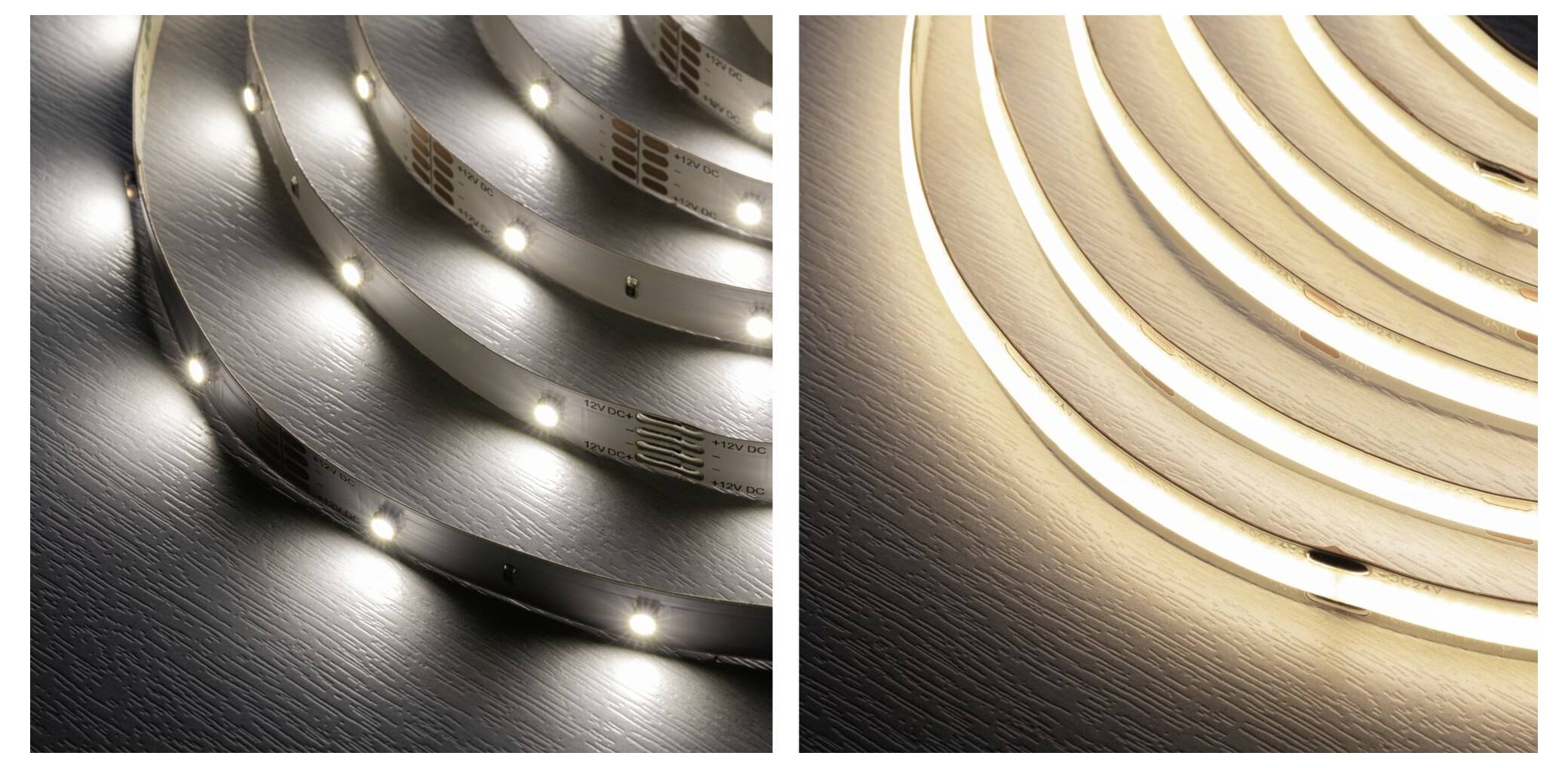 Zwei nebeneinander angeordnete Nahaufnahmen von gekrümmten, geschichteten metallischen Oberflächen mit integrierten Leuchten, die links kühle weiße Beleuchtung und rechts warme Bernsteinbeleuchtung zeigen.