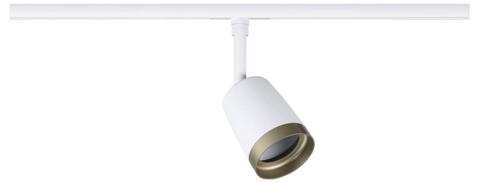 Weiß montierter Scheinwerfer auf Schiene, nach unten angewinkelt, zeigt eine zylindrische Lampenleuchte auf einer Deckenleiste.