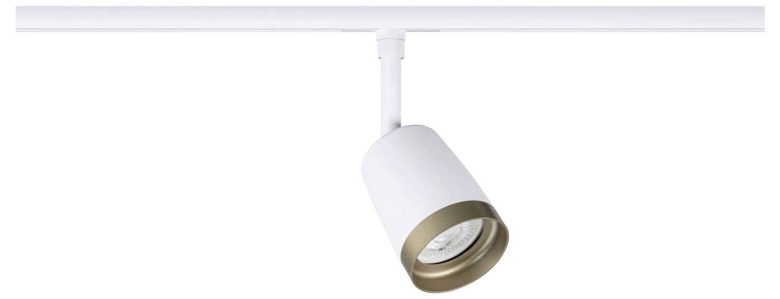 Weiße deckengestützte Spotlightarmatur mit zylindrischem, verstellbarem Lampenkopf nach unten gewinkelt.