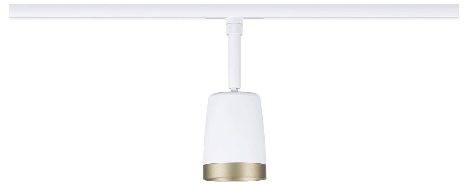 Weiße Schienenstrahler mit zylindrischem Hängependel und goldtonem Beschlag, montiert auf einer Deckenleiste.