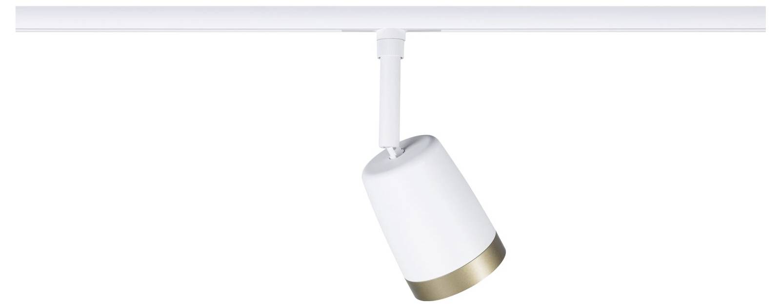 Einzelne weiße Schienleuchte mit vergoldetem Spotlight-Kopf, der von einer Deckenleiste gegen weißen Hintergrund hängt.