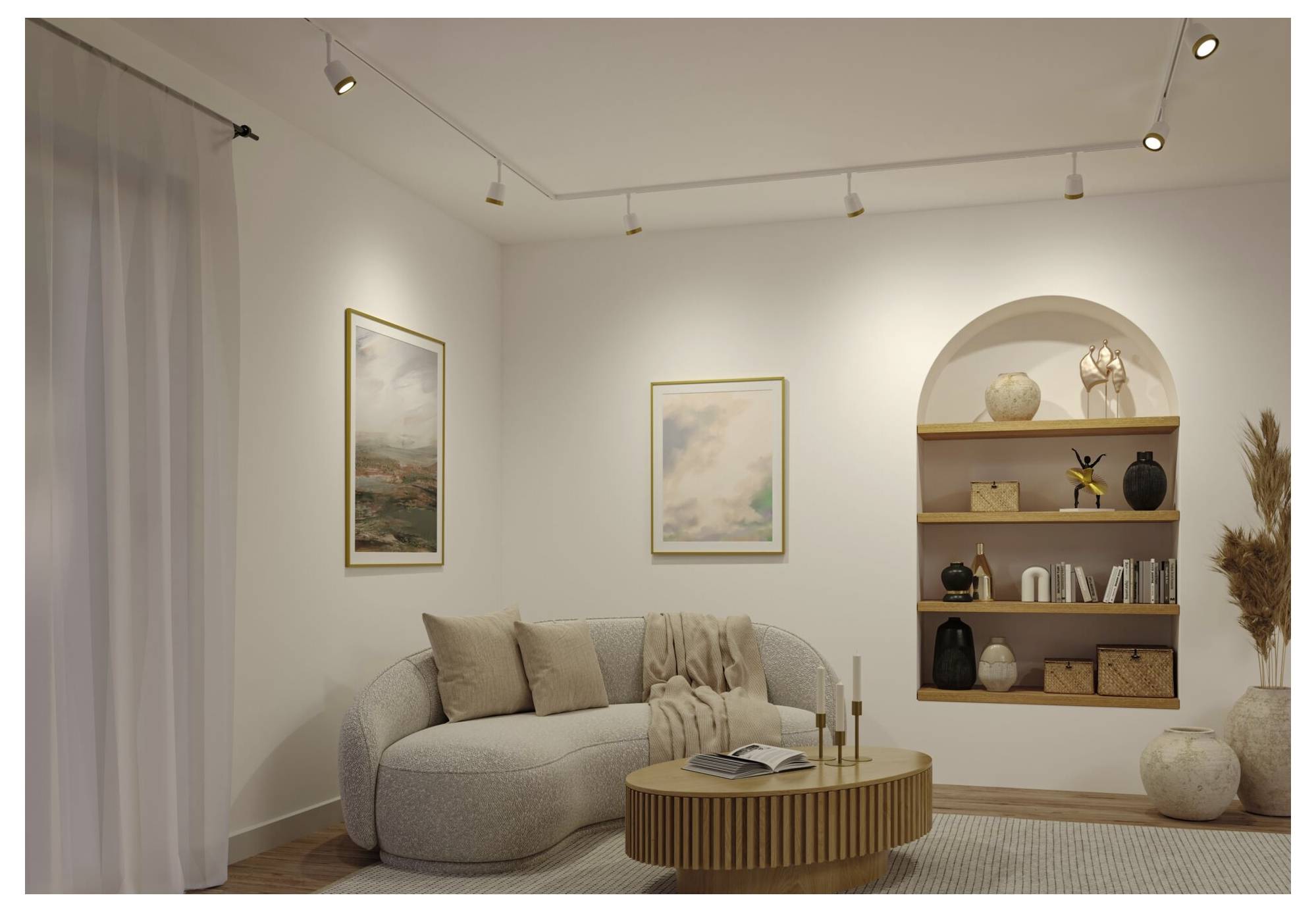 Minimalistisches Wohnzimmer mit geschwungenem beigem Sofa, rundem Holzcouchtisch, Wandkunst, geschwungenem Regal und weicher Schienenbeleuchtung.