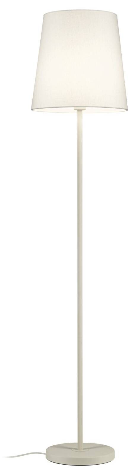 Schwarze Stehleuchte mit zwei verstellbaren Spotlightköpfen auf rundem Sockel, vor weißem Hintergrund abgebildet.