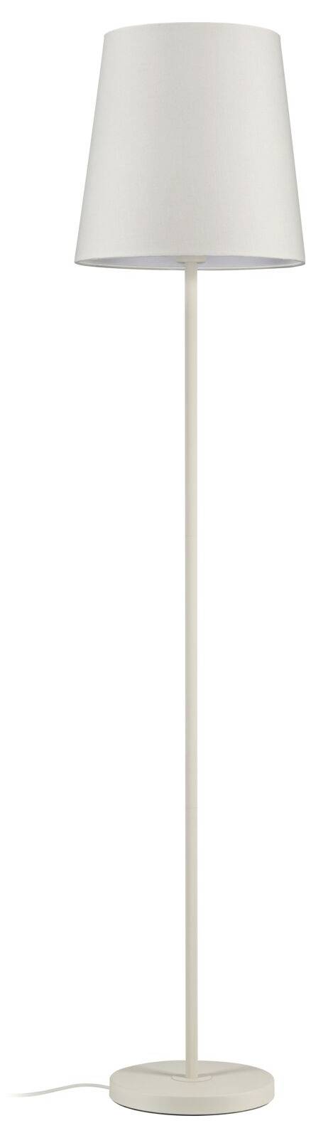 Hohe weiße Stehleuchte mit konischer Trommeltrommelschirm, schlankem Schaft und rundem Sockel auf einfachem Hintergrund.