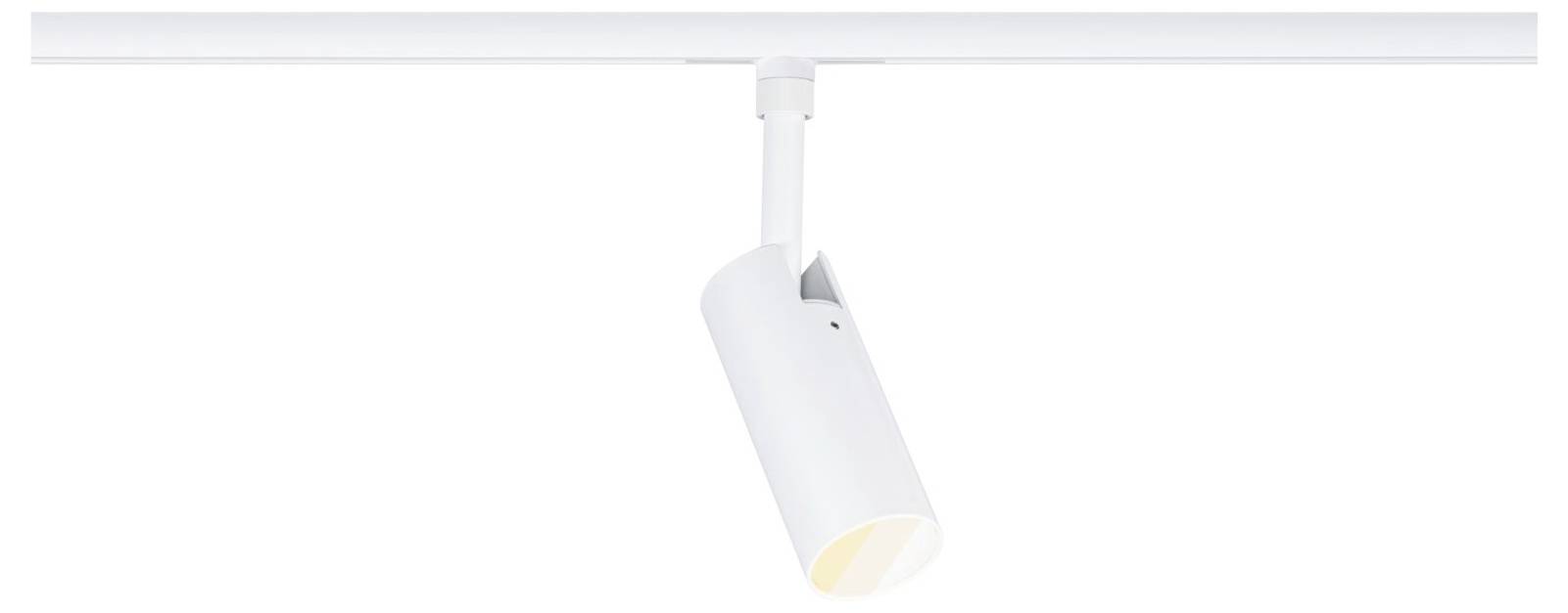 Weiße zylindrische Schienenstrahler an einer Deckenleiste montiert, nach unten abgewinkelt und eingeschaltet.