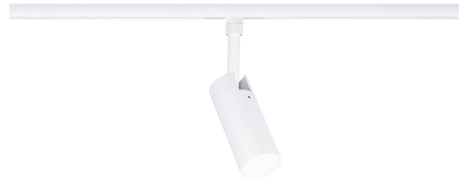 Weiße Schienenstrahler an einer Deckenleiste aufgehängt, nach unten geneigt.