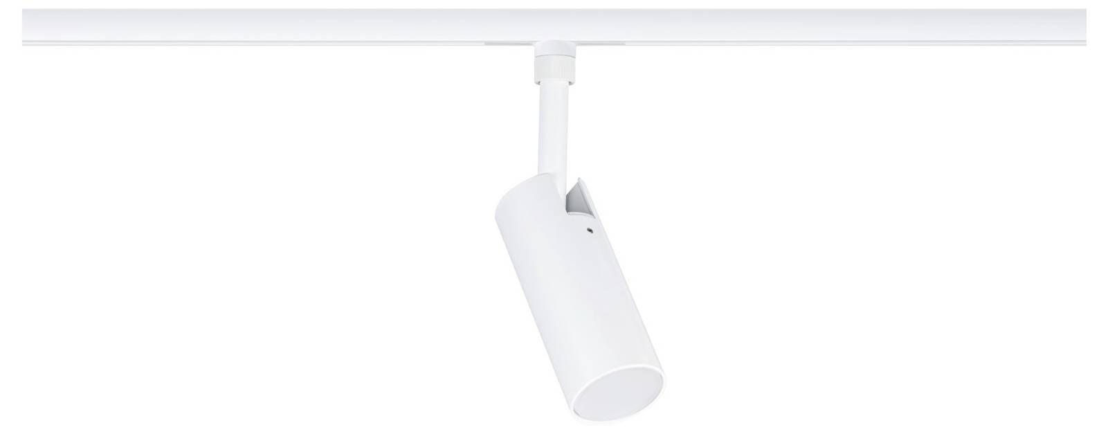 Weiße verstellbare Schienenlicht-Leuchte auf einer Deckenleiste montiert, nach unten geneigt und eingeschaltet.
