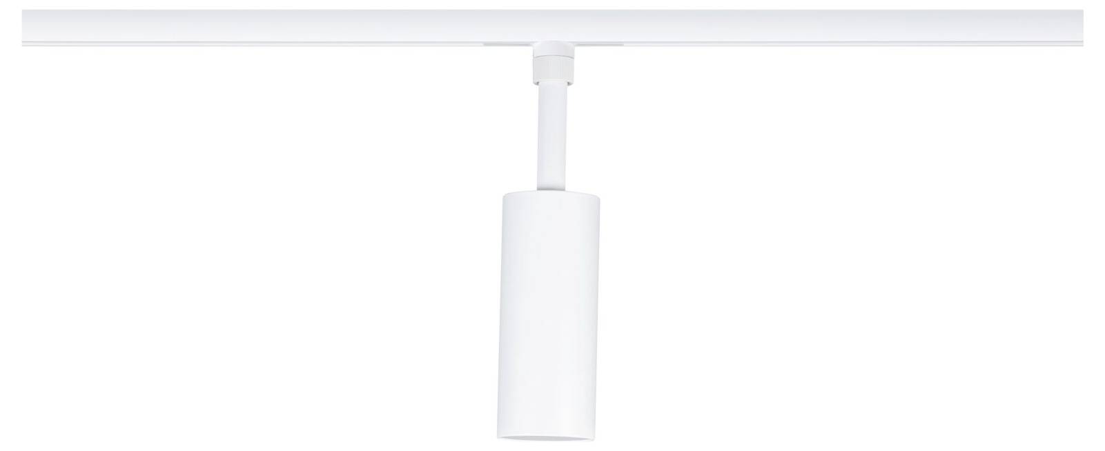 Weiße zylindrische Pendelleuchte, die von einer Deckenleiste gegen einen einfachen weißen Hintergrund hängt.