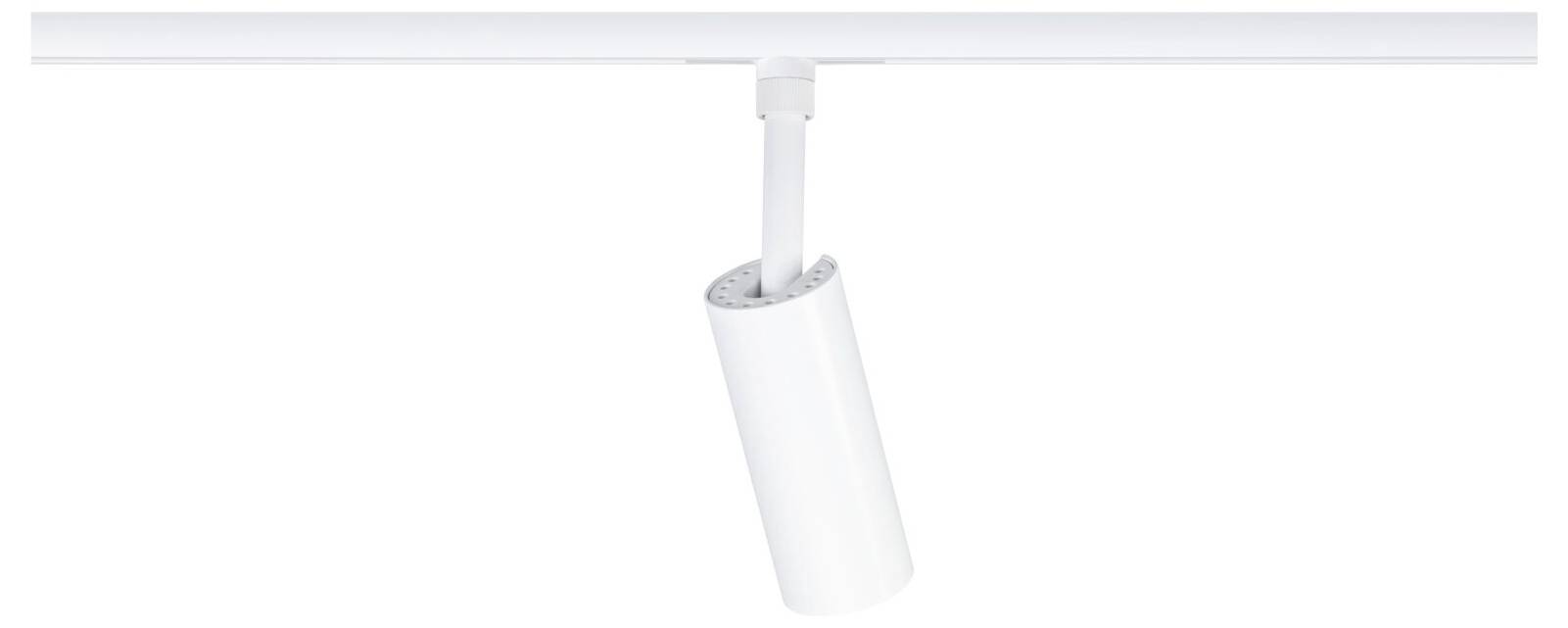 Weiße zylindrische Schienenleuchte, die von einer Deckenleiste hängend angebracht ist und nach unten geneigt zur Ausleuchtung darunter.