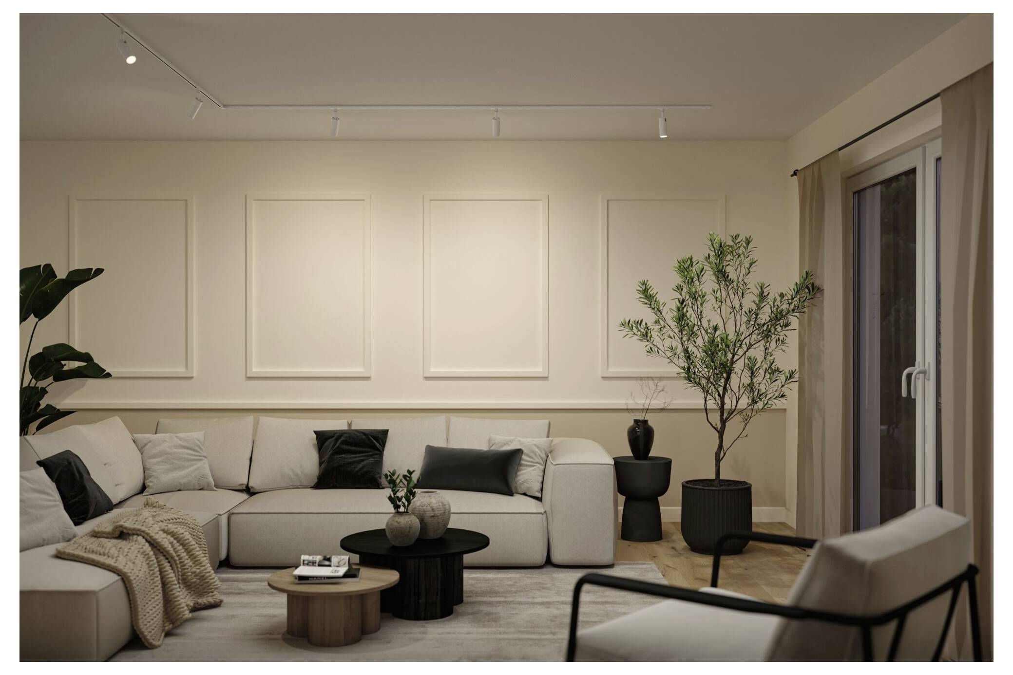 Modernes minimalistisches Wohnzimmer mit beigem Ecksofa, verschachtelten Couchtischen, Zimmerpflanzen und Glasschiebetüren.