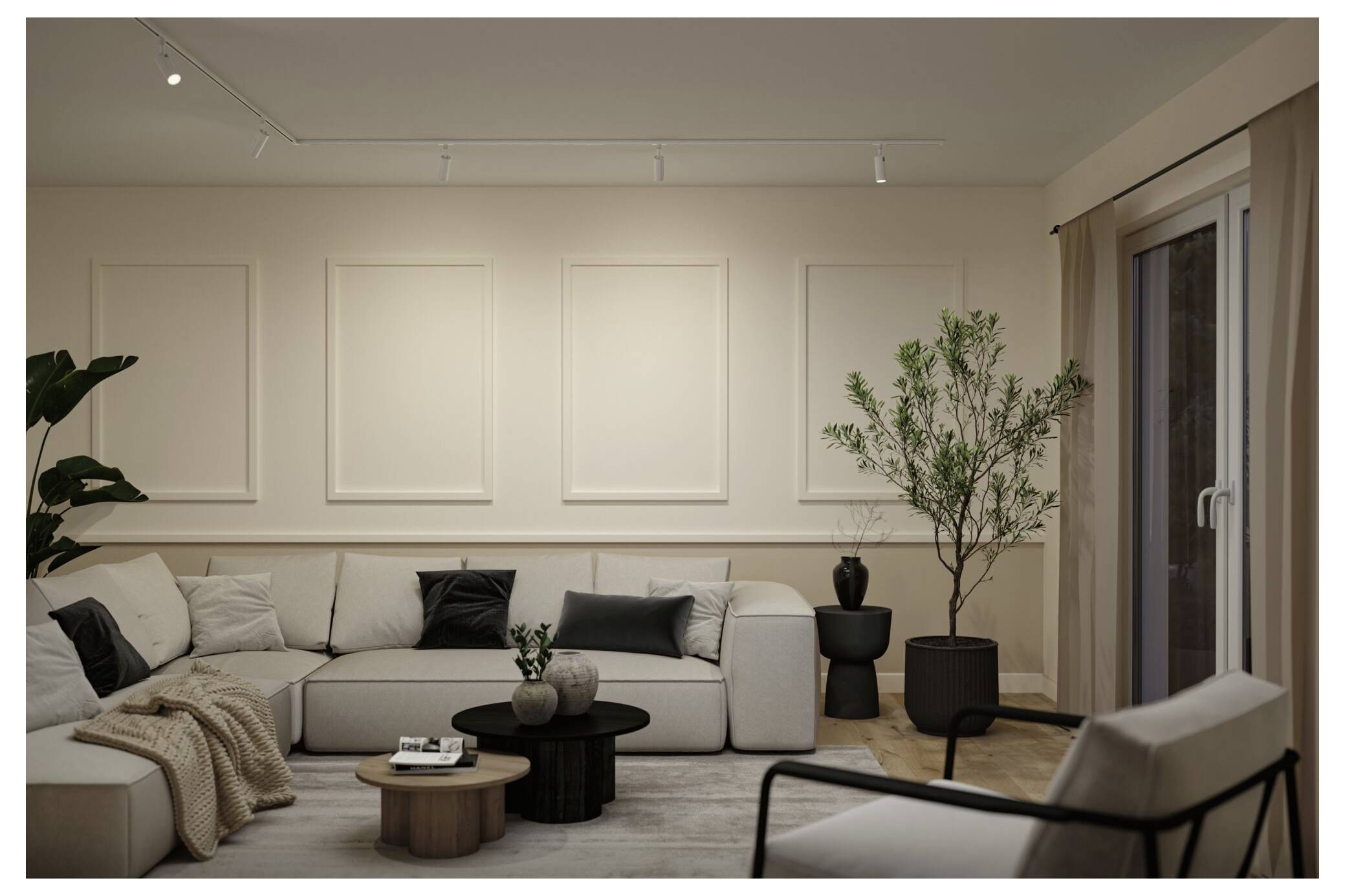 Minimales Wohnzimmer mit beigem Ecksofa, schwarzen Akzentkissen, runden Couchtischen, Topfpflanze und Glasschiebetür.