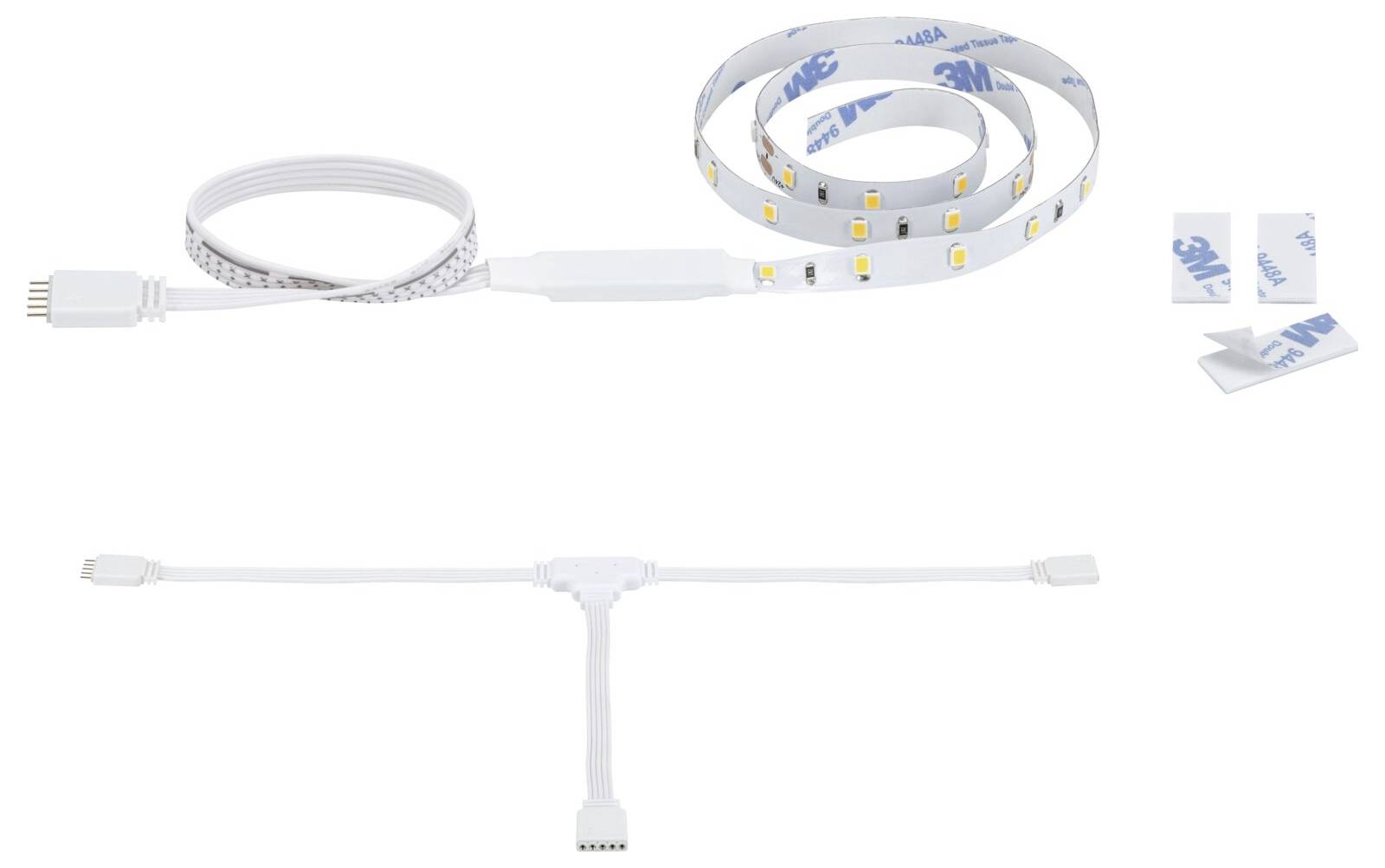 Weiß leuchtendes LED-Streifenlicht-Set mit Steckverbinderkabel, T-Verteiler und Befestigungsclips auf neutralem Hintergrund.