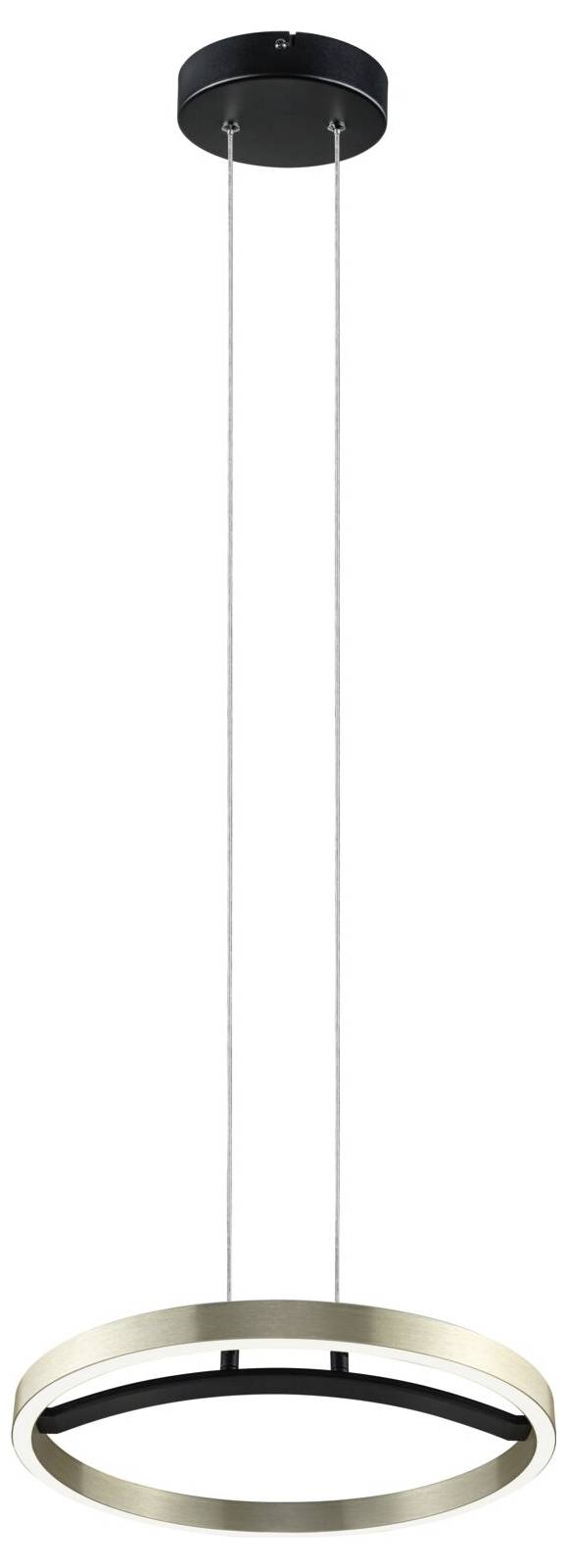 Moderne hängende Pendelleuchte mit kreisförmigem Design, goldenem Außenring und schwarzem Innenring, aufgehängt von zwei dünnen Kabeln an einer runden schwarzen Deckenhalterung.