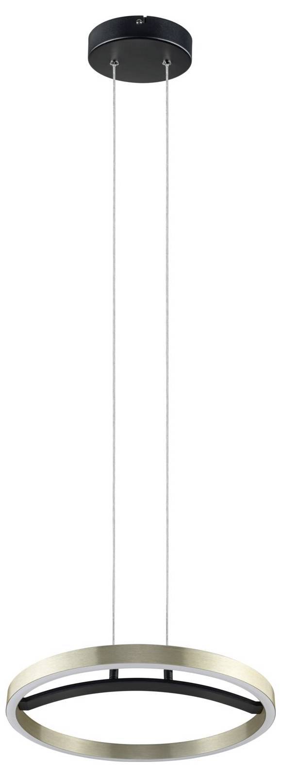 Modernes Ringpendelleuchte mit goldenem Außenring und schwarzem Innenring, aufgehängt von zwei Kabeln von einer schwarzen Deckenhalterung.