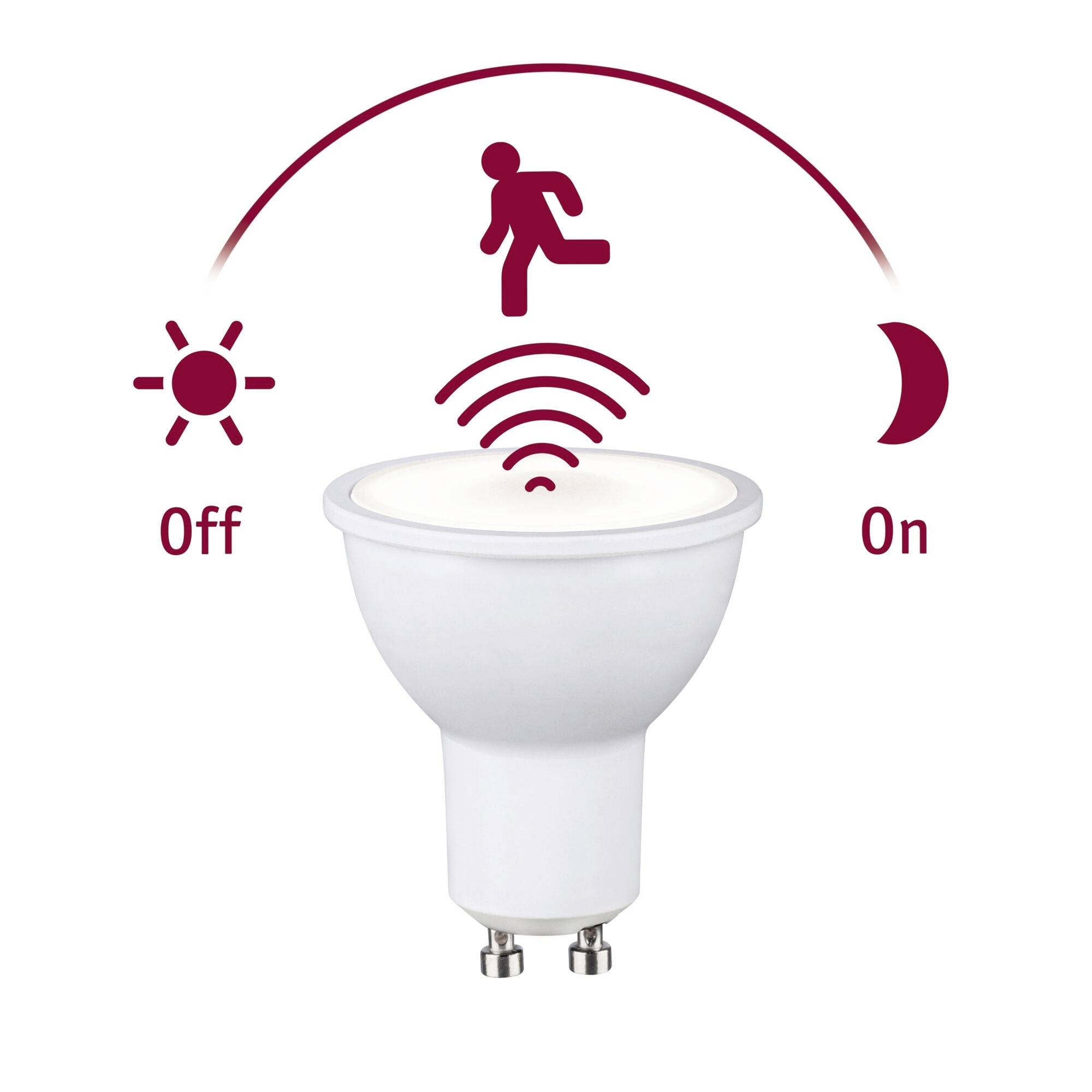 Intelligente LED-Glühbirne mit Bewegungsmelder, dargestellt beim Umschalten von „Aus