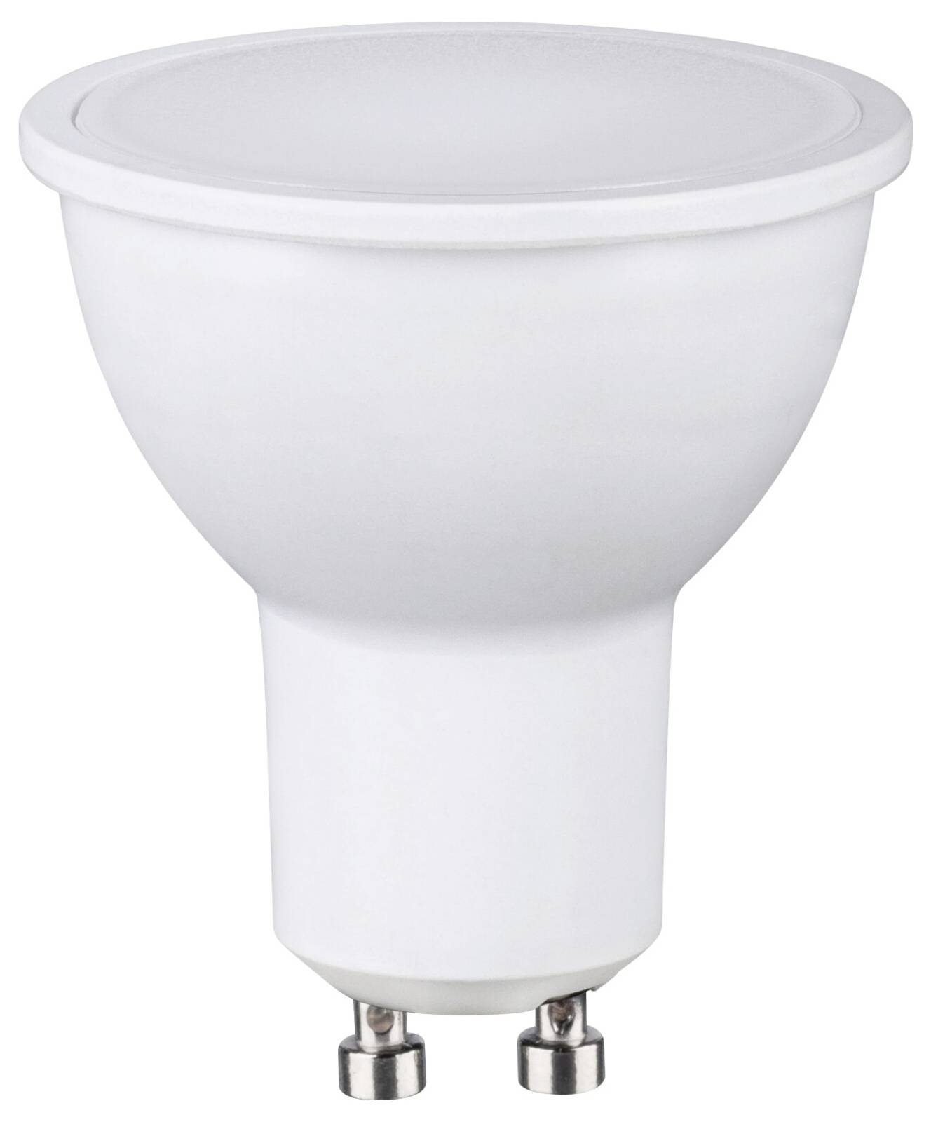 Weiße LED-Glühbirne mit breiter Oberseite und zwei Metallstift-Basissteckern auf einfachem Hintergrund.