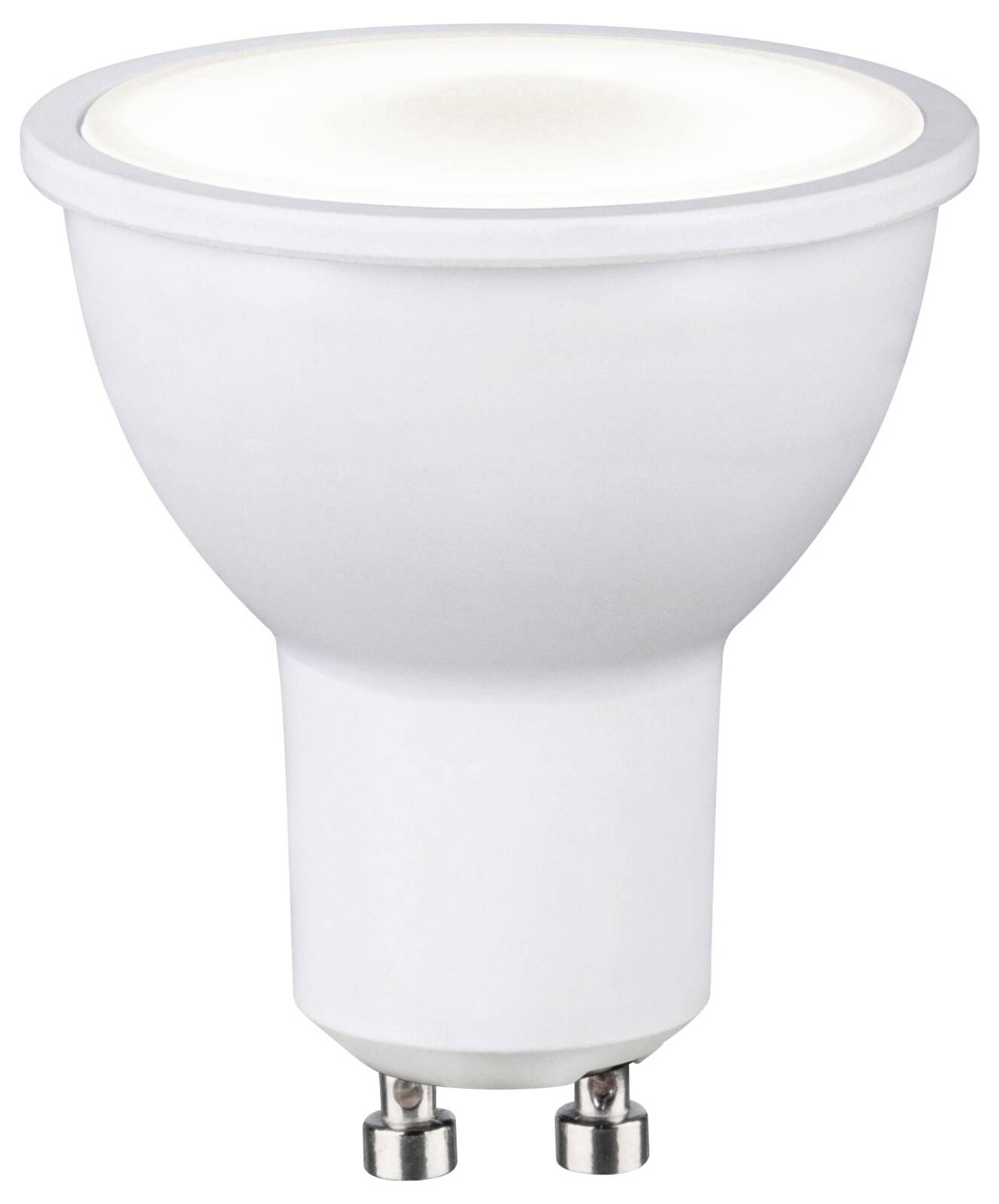 Weiße LED-Spotlightlampe mit zweipoligem Sockel, isoliert auf weißem Hintergrund dargestellt.