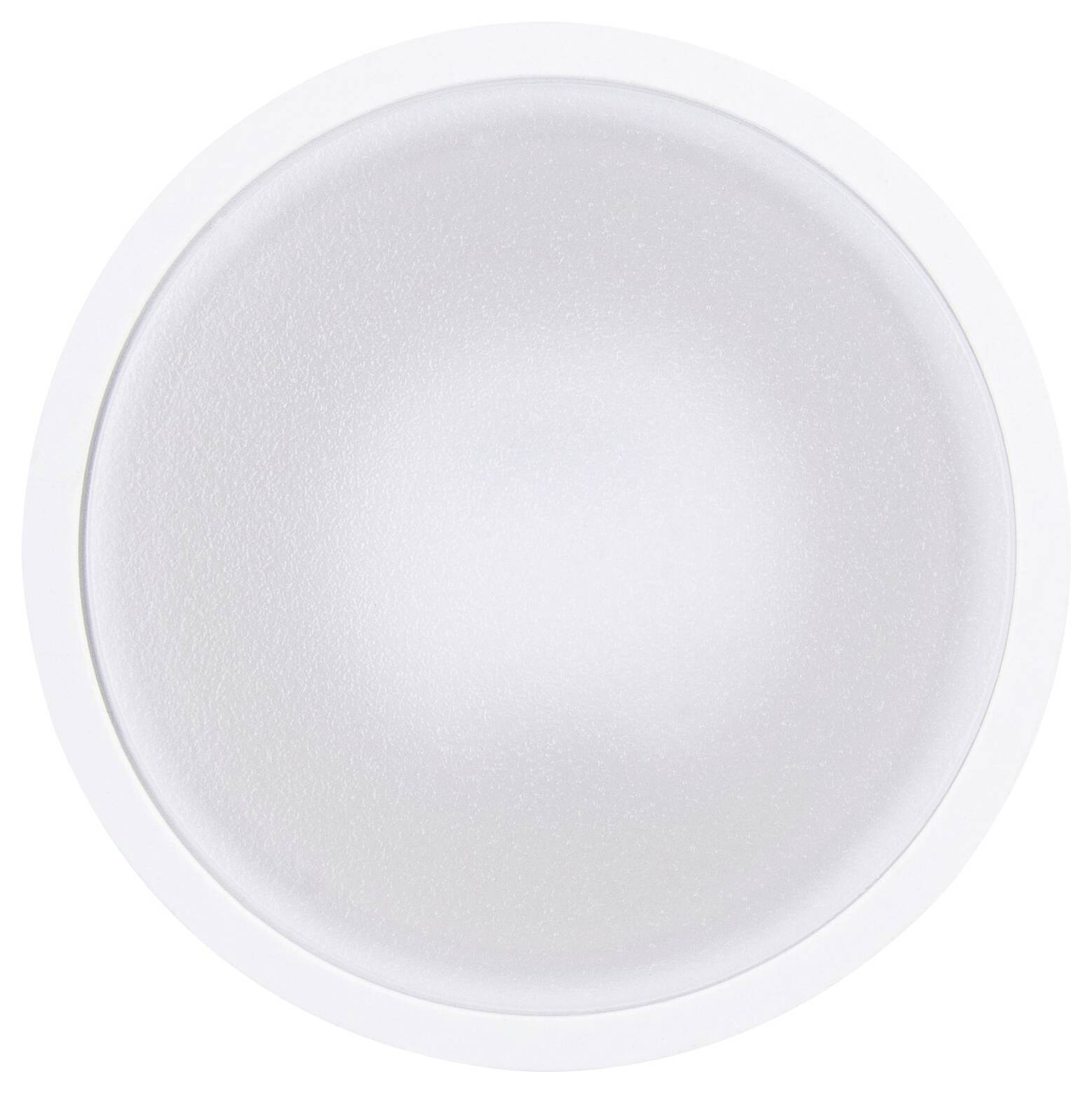 Weiße runde Schüssel oder Deckel auf weißem Hintergrund, von oben betrachtet.