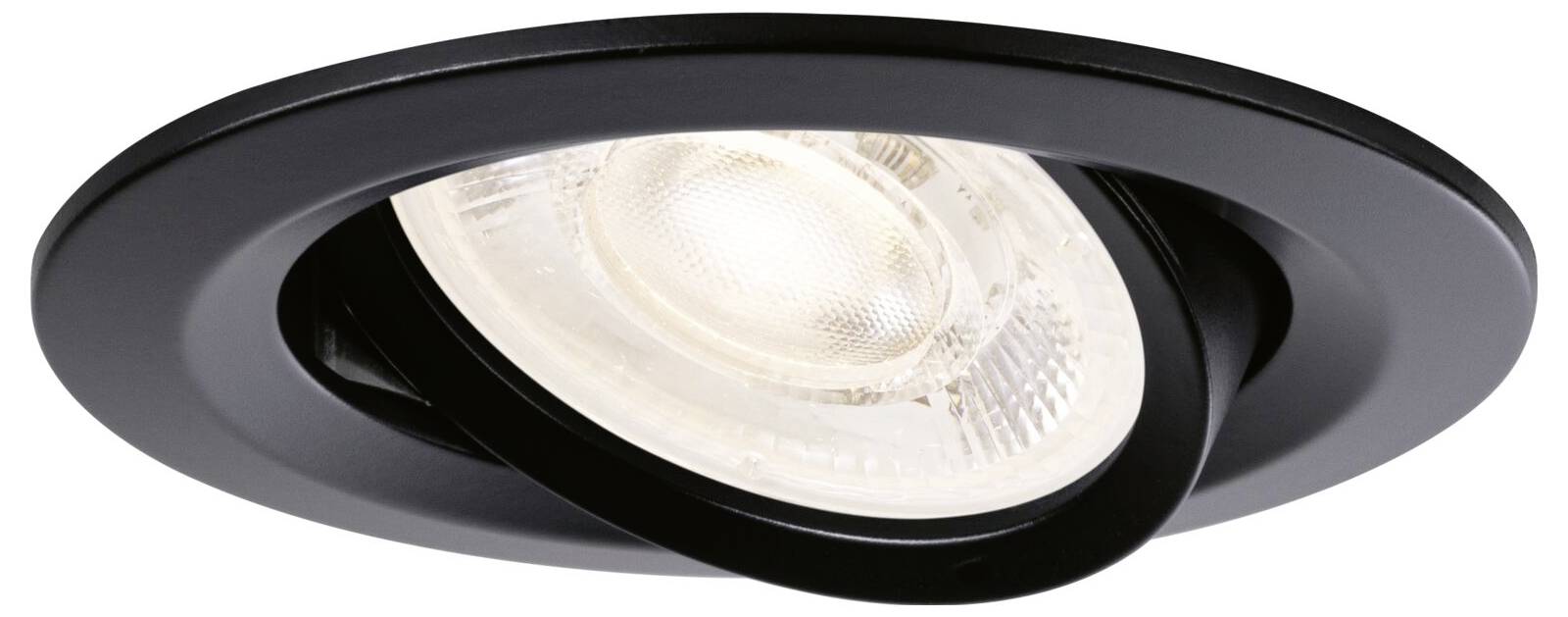 Versenkte schwarze verstellbare Deckenleuchte mit geneigtem Spotlightreflektor in einer runden Blende.