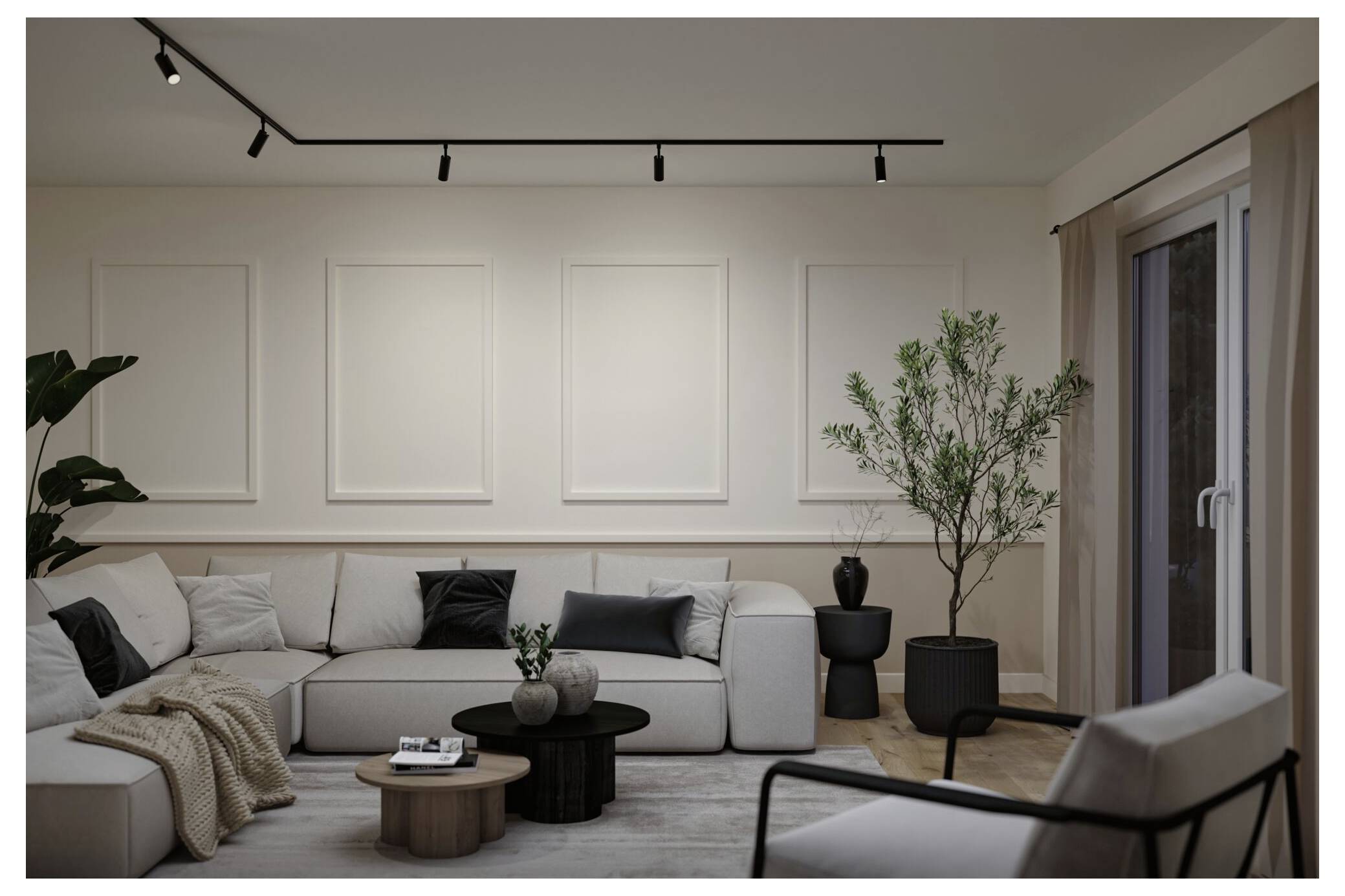 Modernes Wohnzimmer mit einem hellen Ecksofa, runden Couchtischen, Topfpflanze, Schienensystem-Beleuchtung und Glasschiebetür.