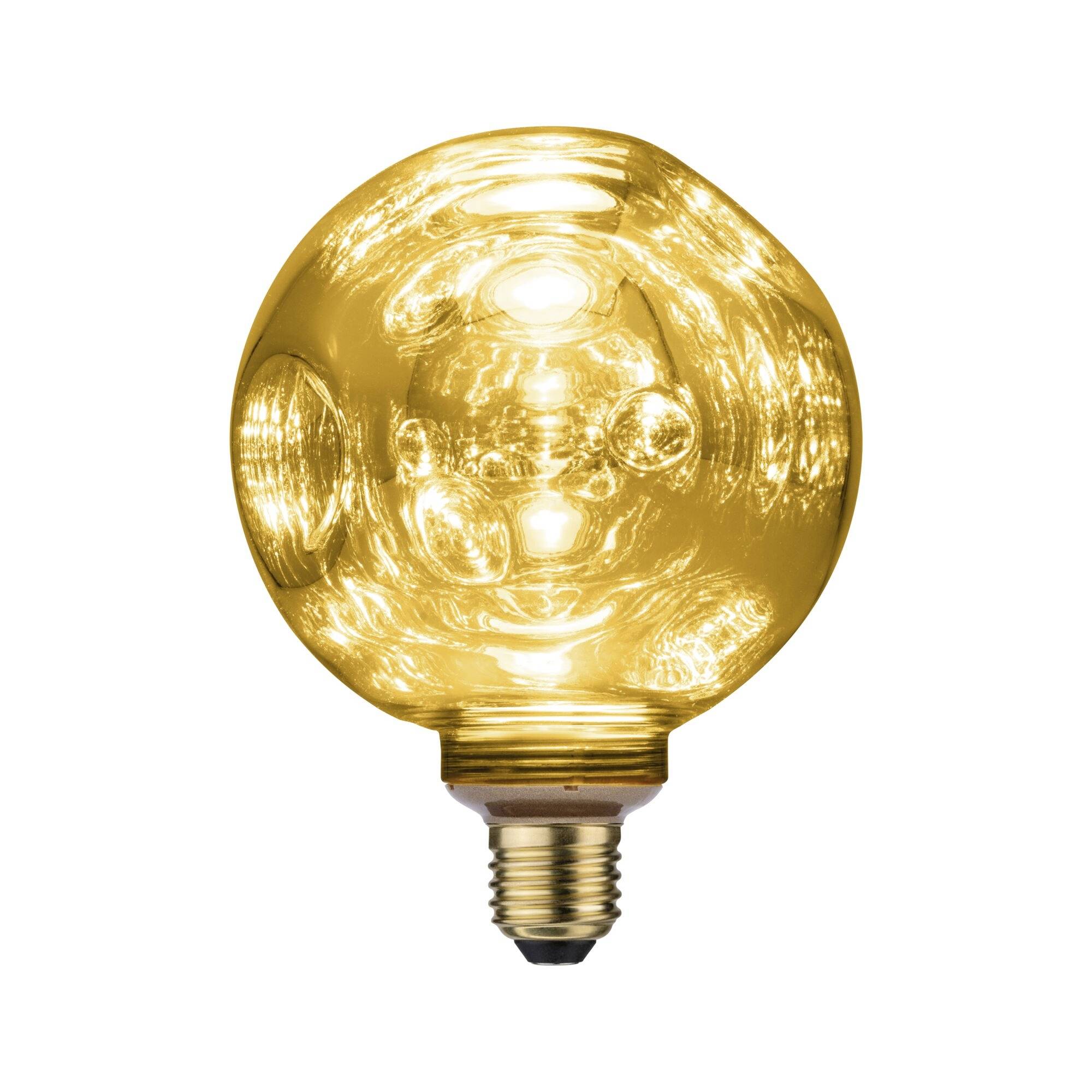 Goldgetönter kugelförmiger Glühkolben mit sichtbarer Gewindebasis auf weißem Hintergrund.