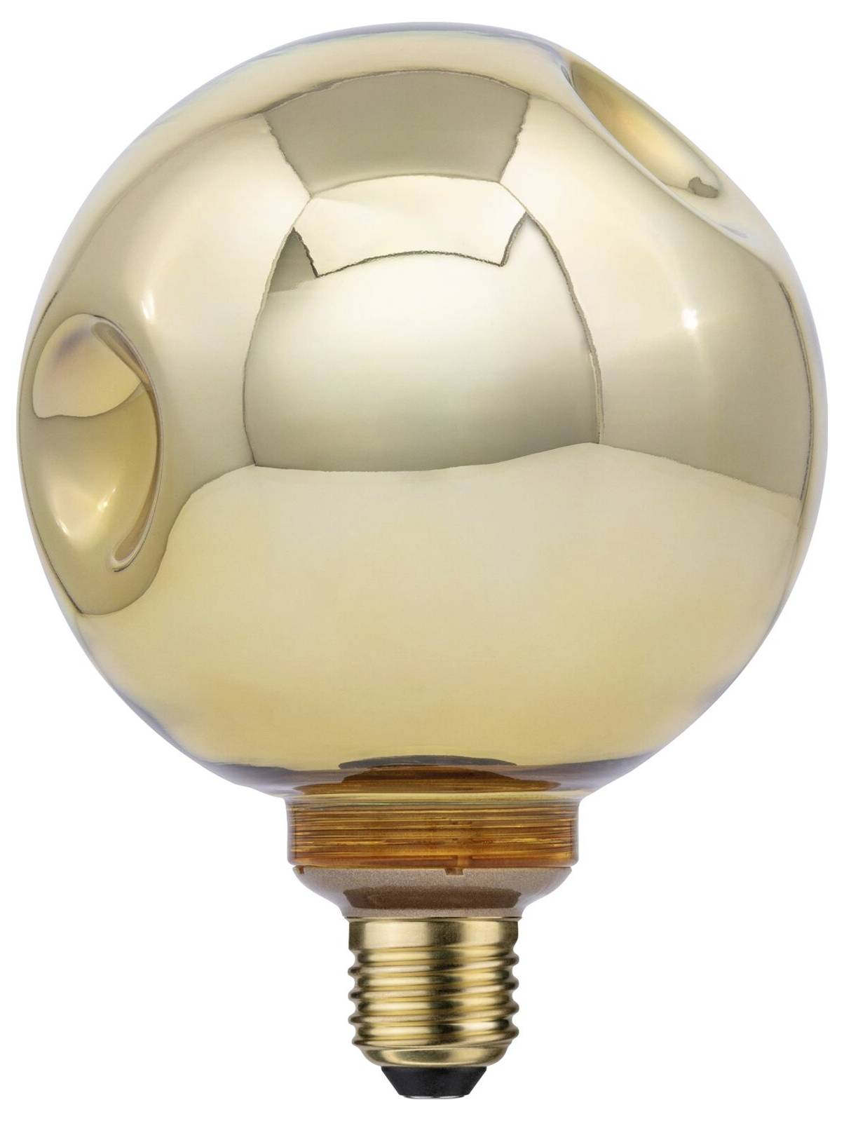 Glühbirne mit goldtönung mit reflektierendem sphärischem Glaskopf und metallischer Schraubenfassung auf weißem Hintergrund.