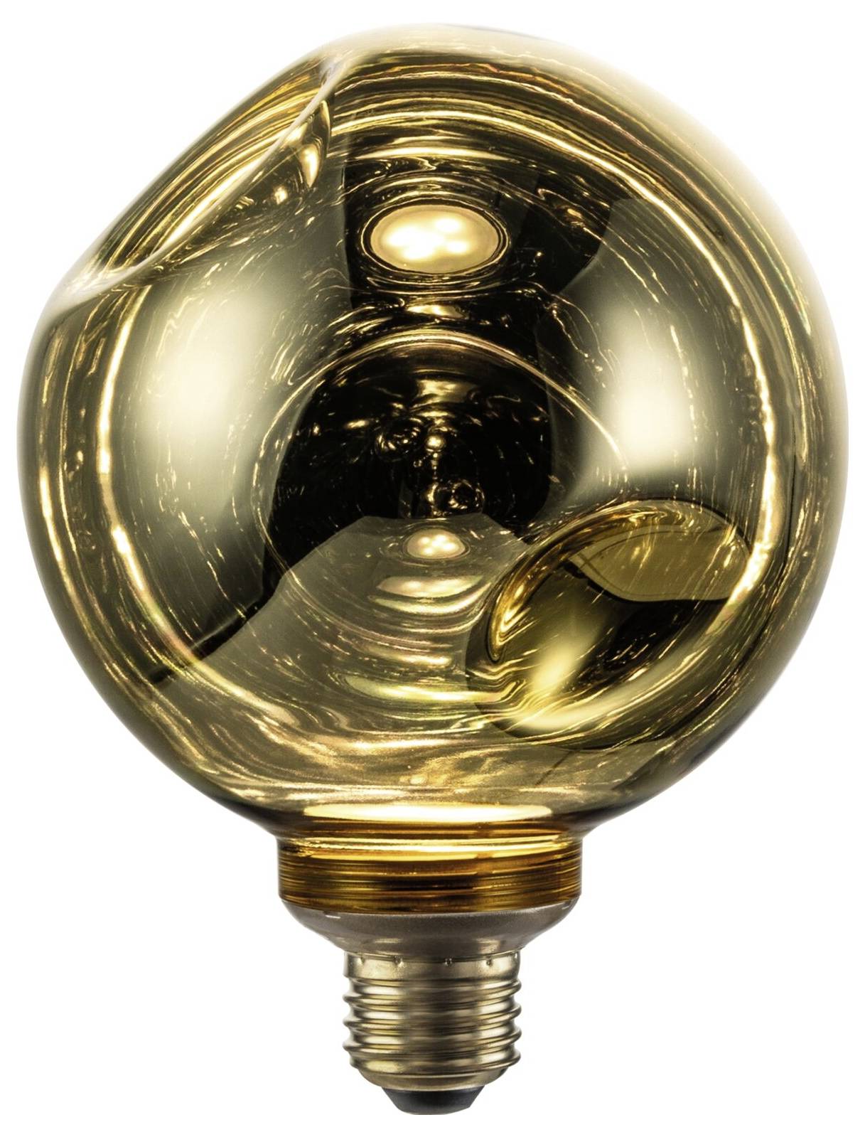 Eine goldgetönte Glühbirne mit reflektierendem Glaskugel und Metallschraubfassung auf weißem Hintergrund.