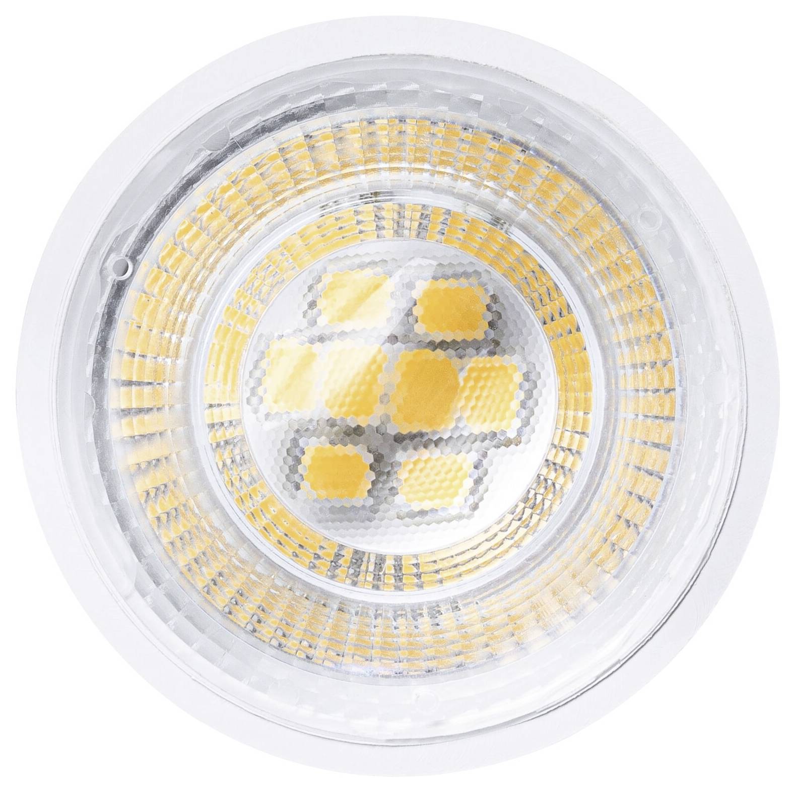 Draufsicht auf eine runde LED-Spotlichtbirne mit klarer Linse und gelben LED-Chips in einem silbernen Gehäuse.