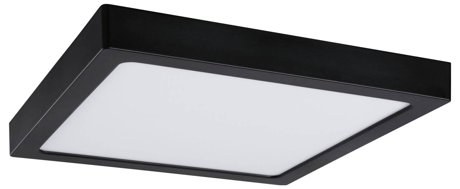 Schwarzte rechteckige LED-Deckenleuchte mit mattweißem Diffusor, auf weißem Hintergrund dargestellt.