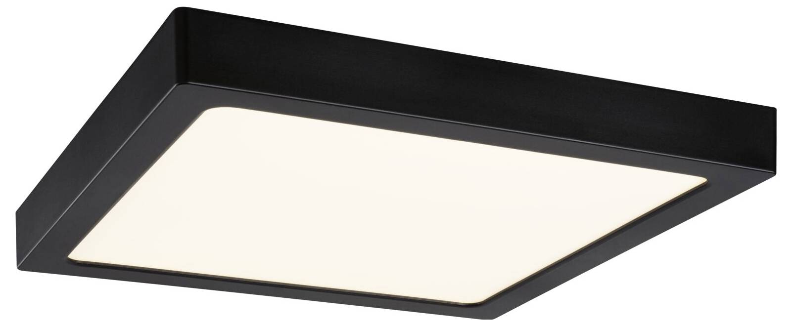 Moderne schwarze rechteckige Deckenleuchte mit mattem weißem Diffusor, schräg auf weißem Hintergrund dargestellt.